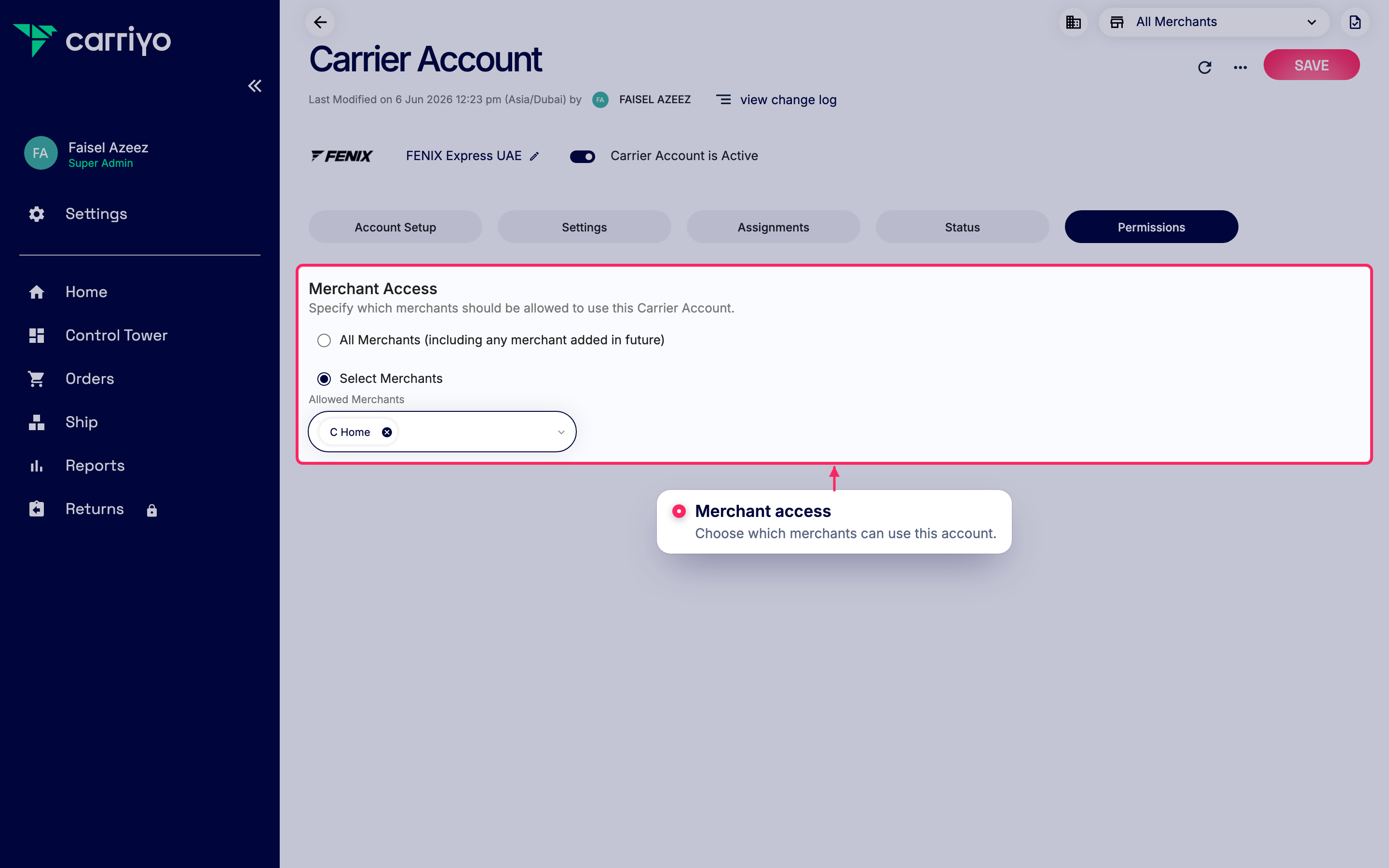 Add merchants to this carrier account