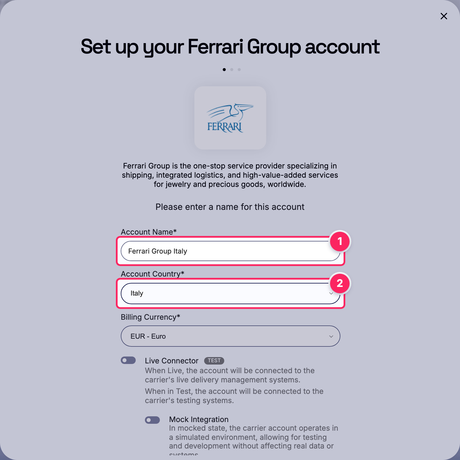 Fill in the account name and country.