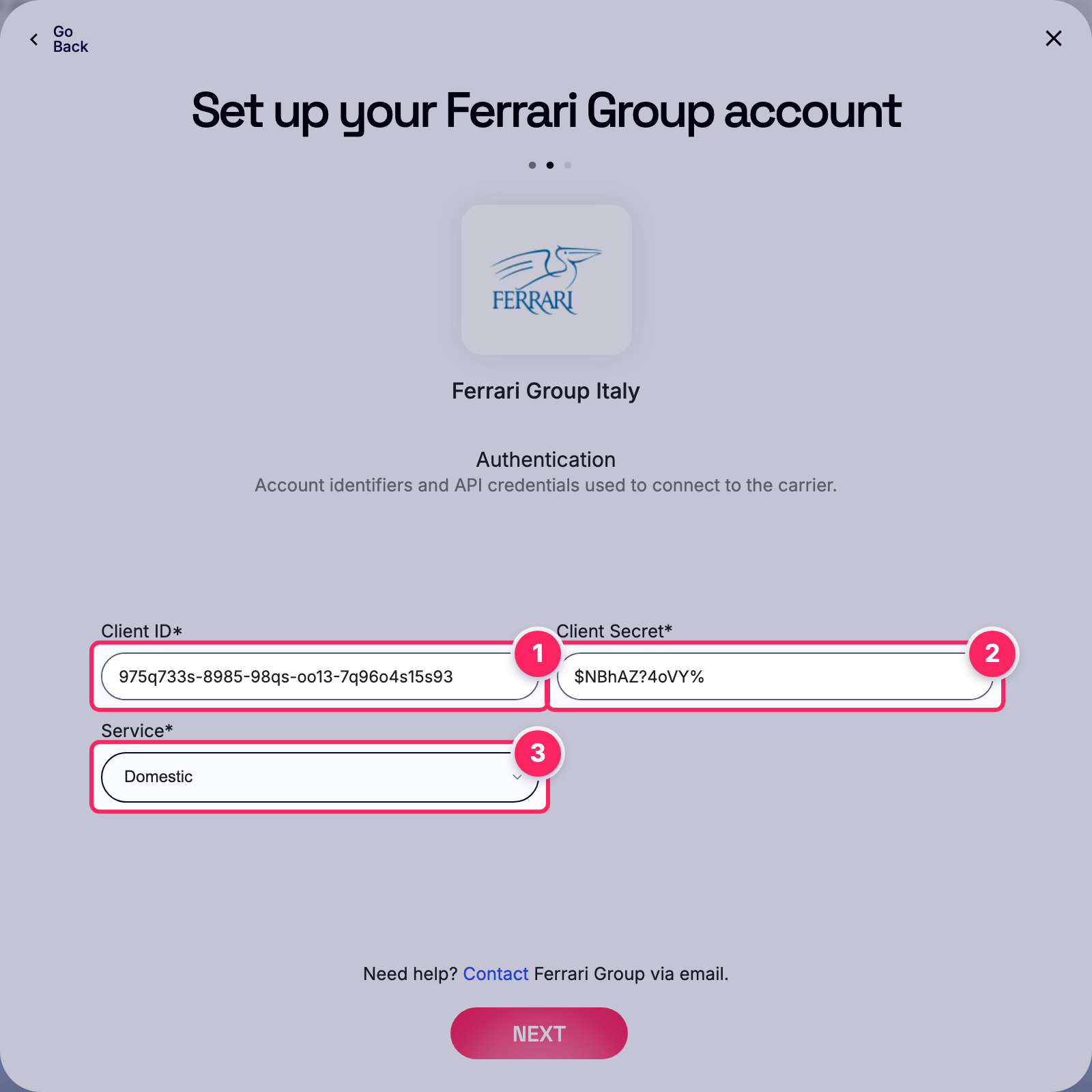 Fill in the Ferrari Group account details.