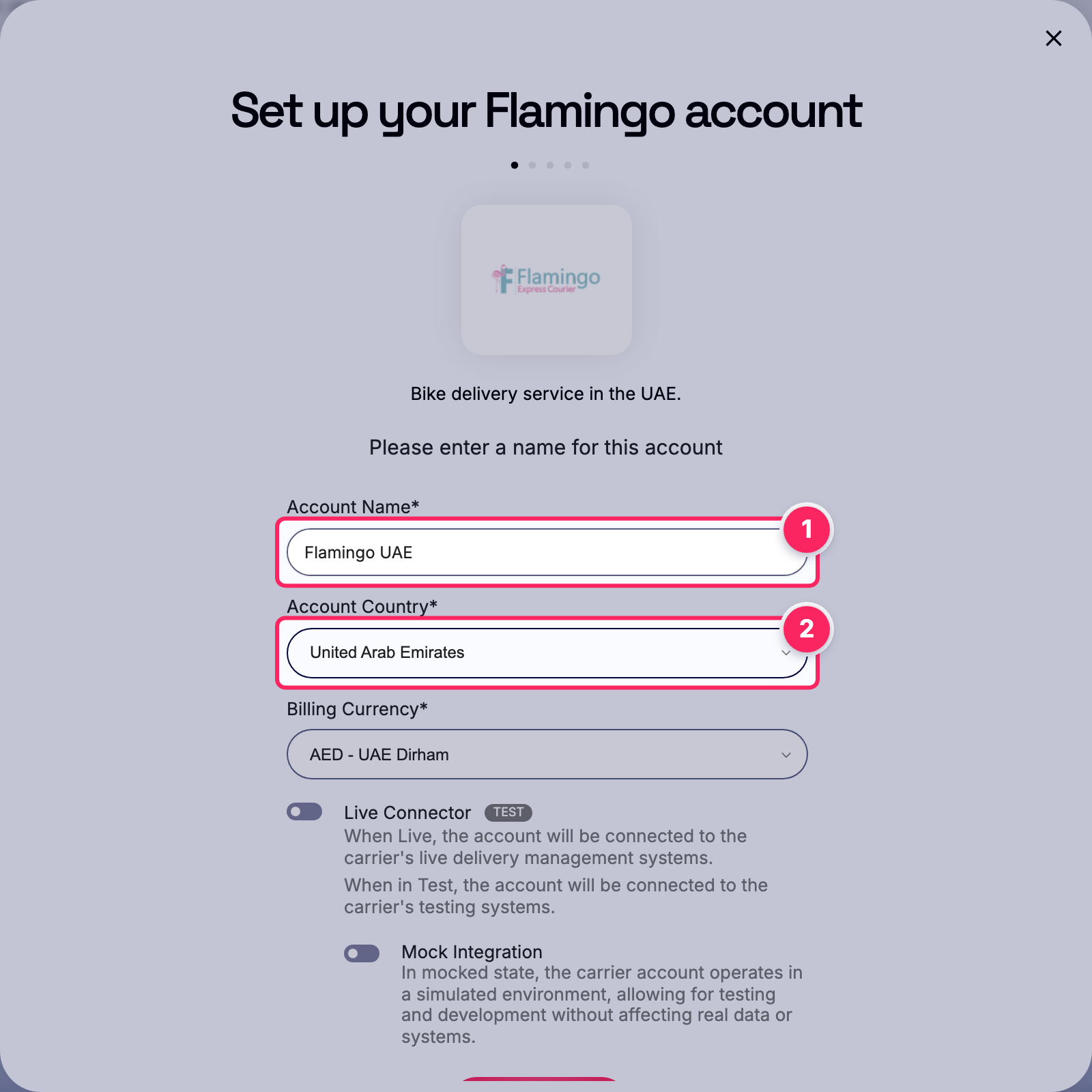 Fill in the account name and country.