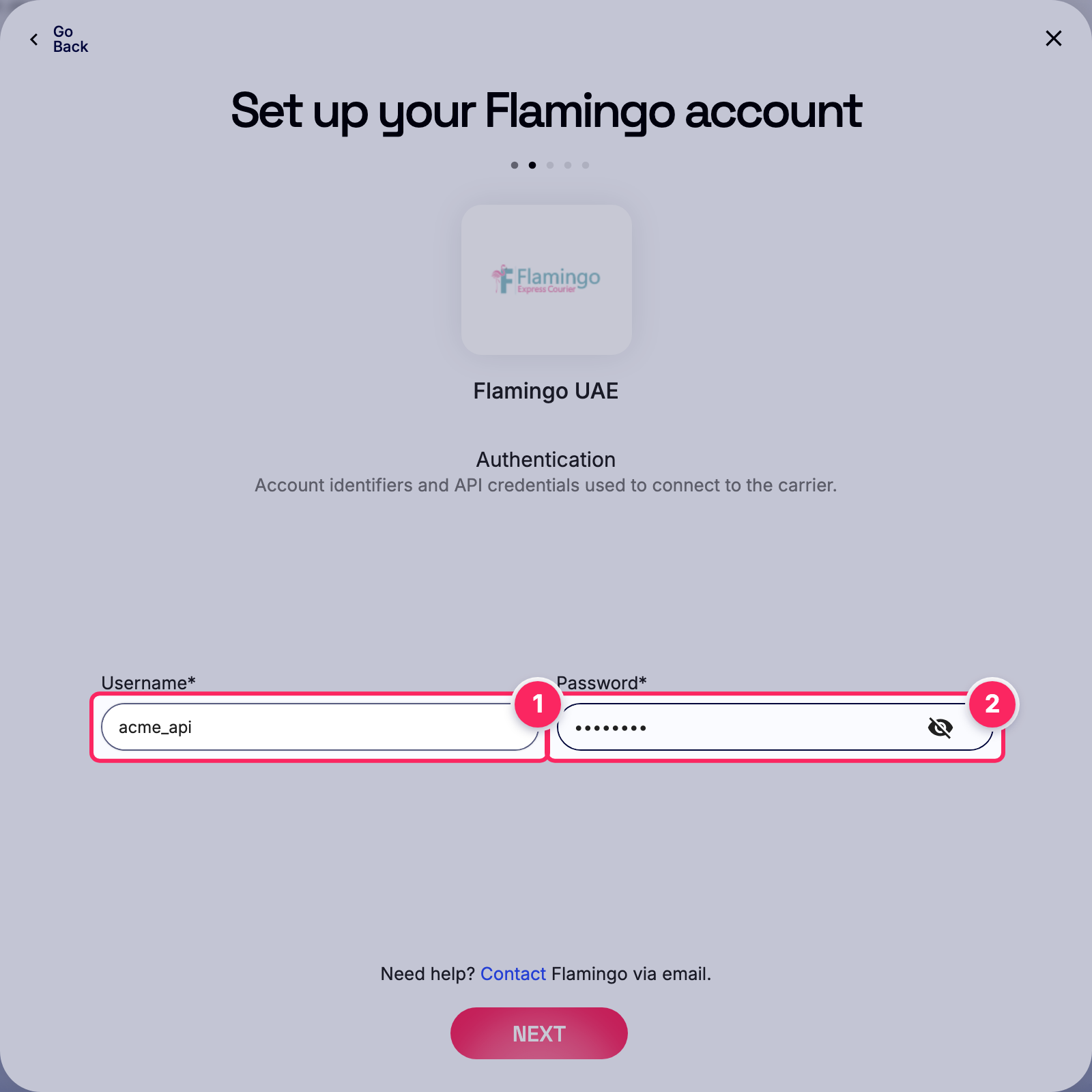 Fill in the Flamingo account details.