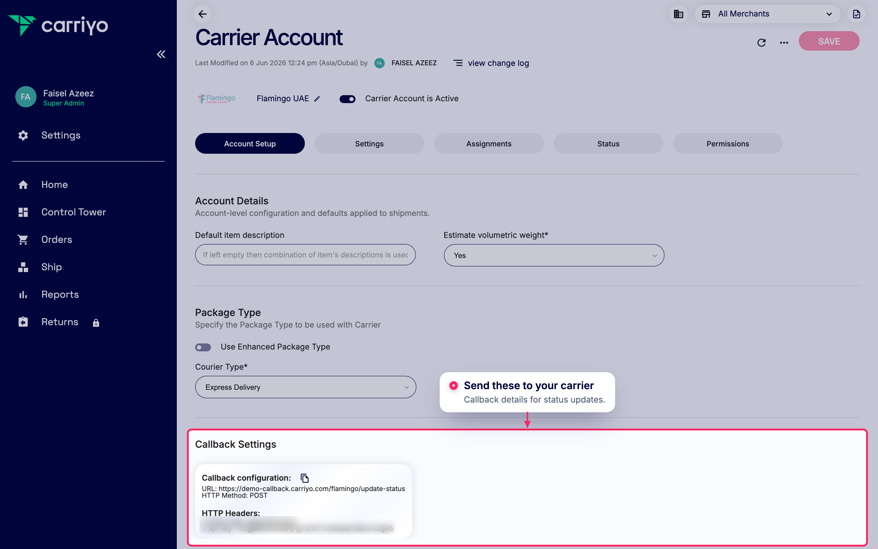 Share callback settings with your carrier