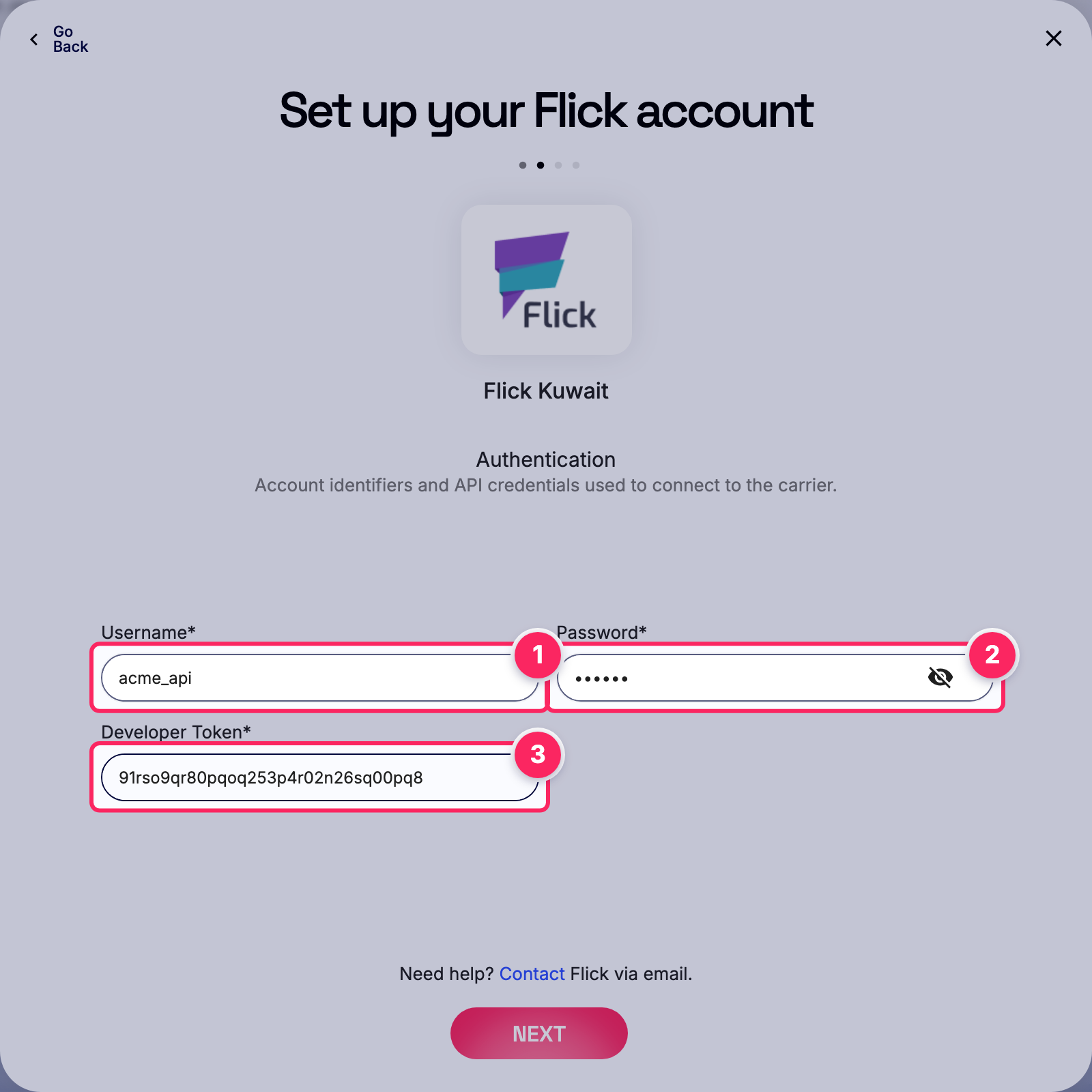 Fill in the Flick account details.