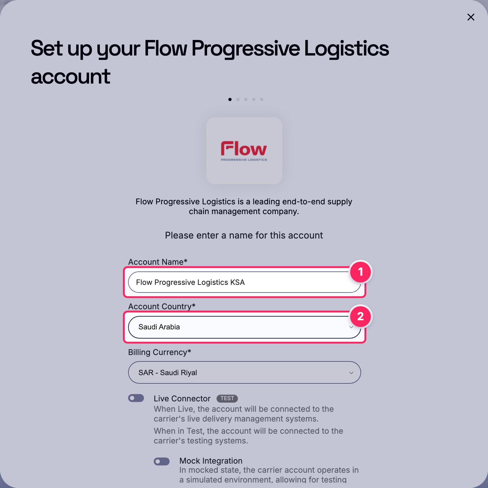 Fill in the account name and country.