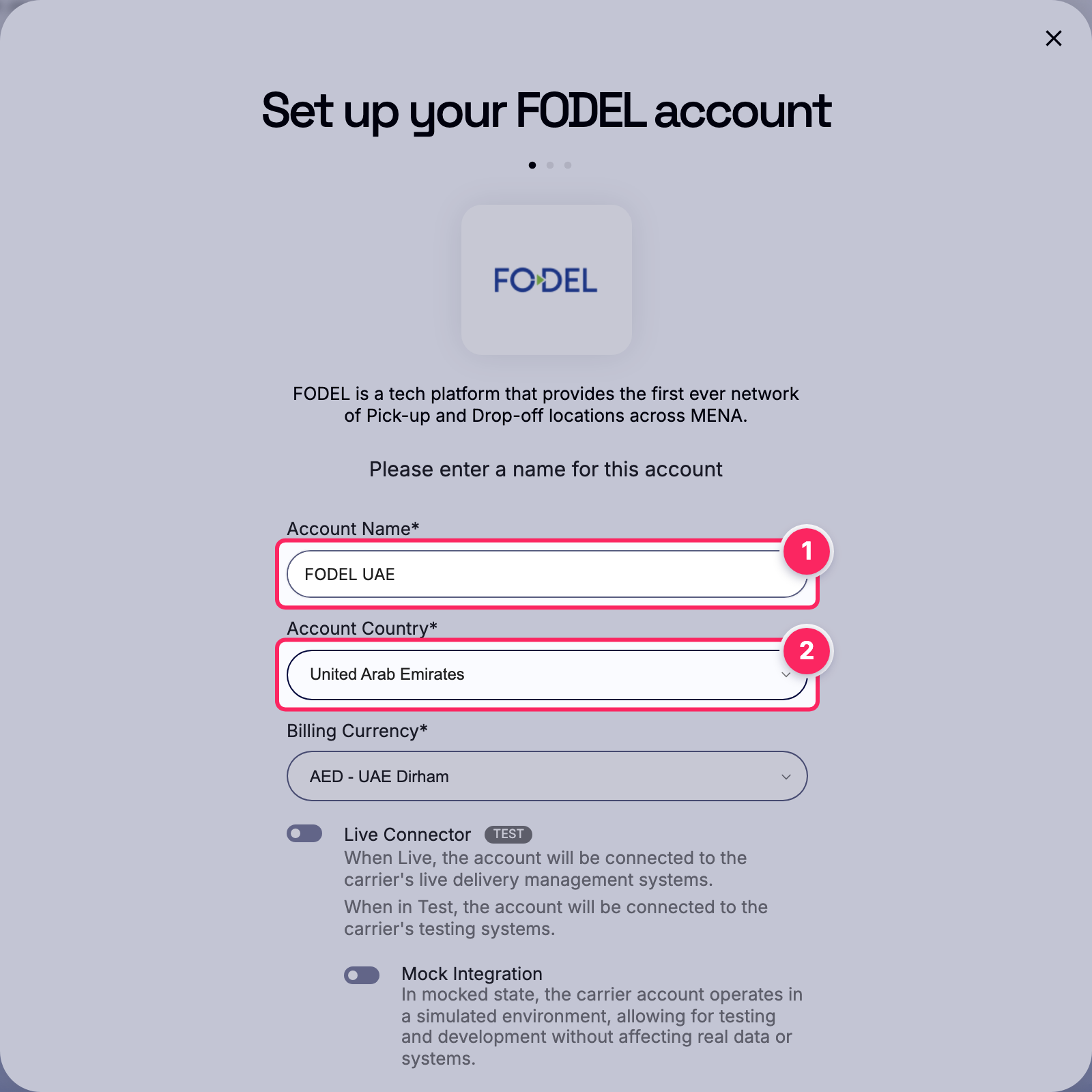 Fill in the account name and country.
