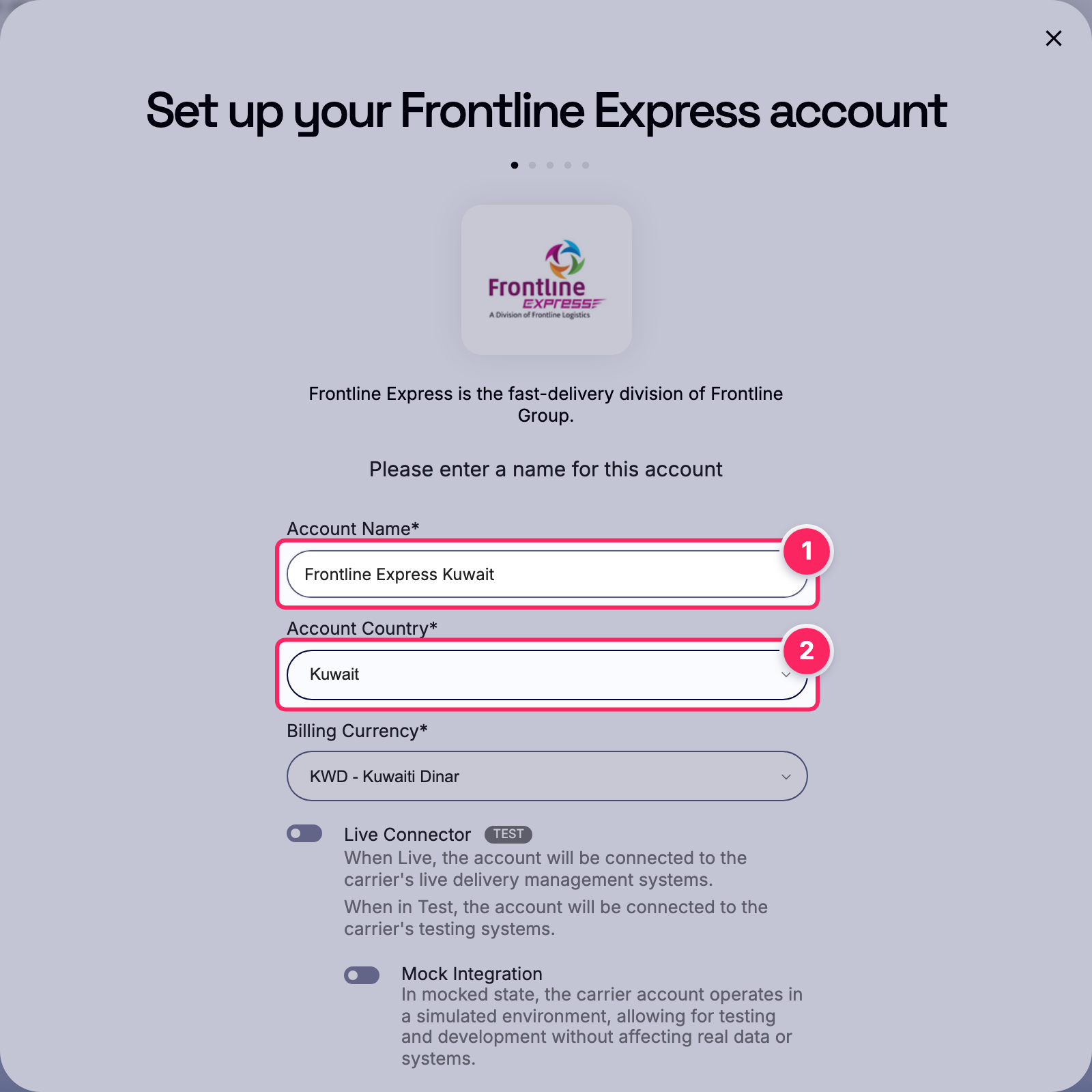 Fill in the account name and country.