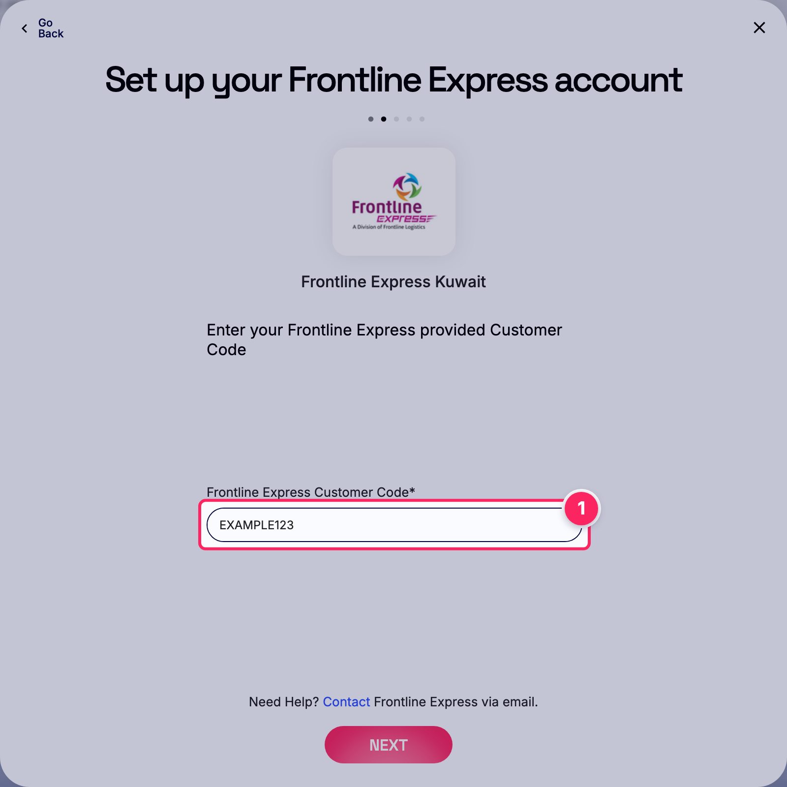 Enter frontline express customer code.