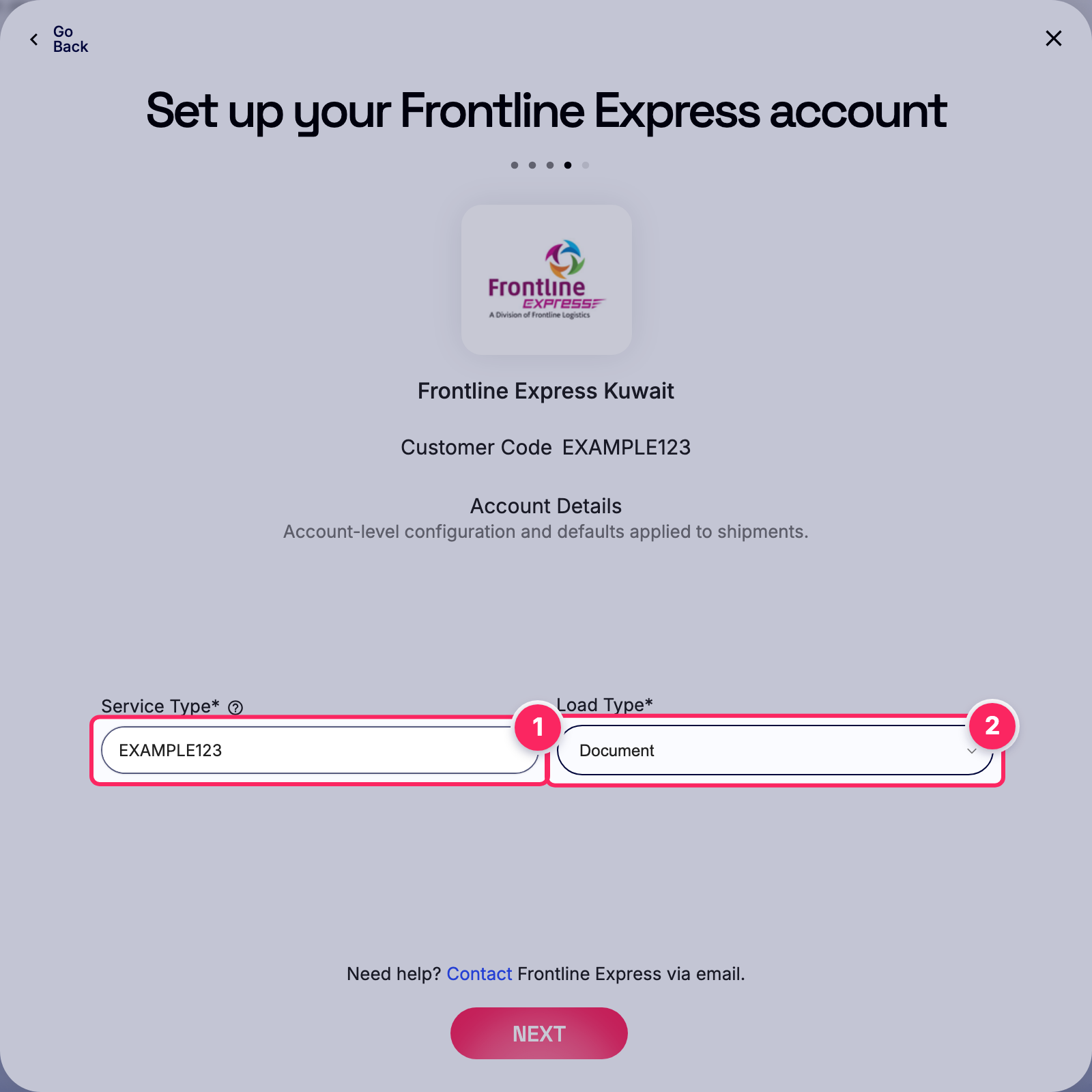 Fill in the Frontline Express account details.
