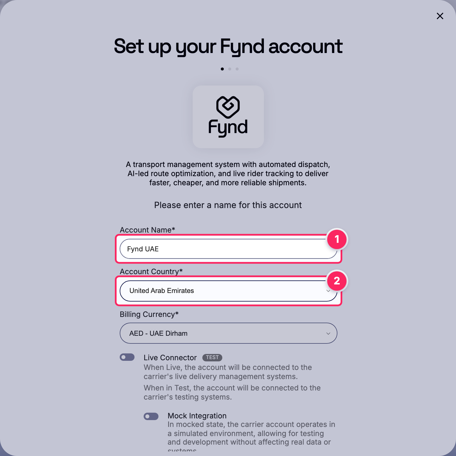 Fill in the account name and country.
