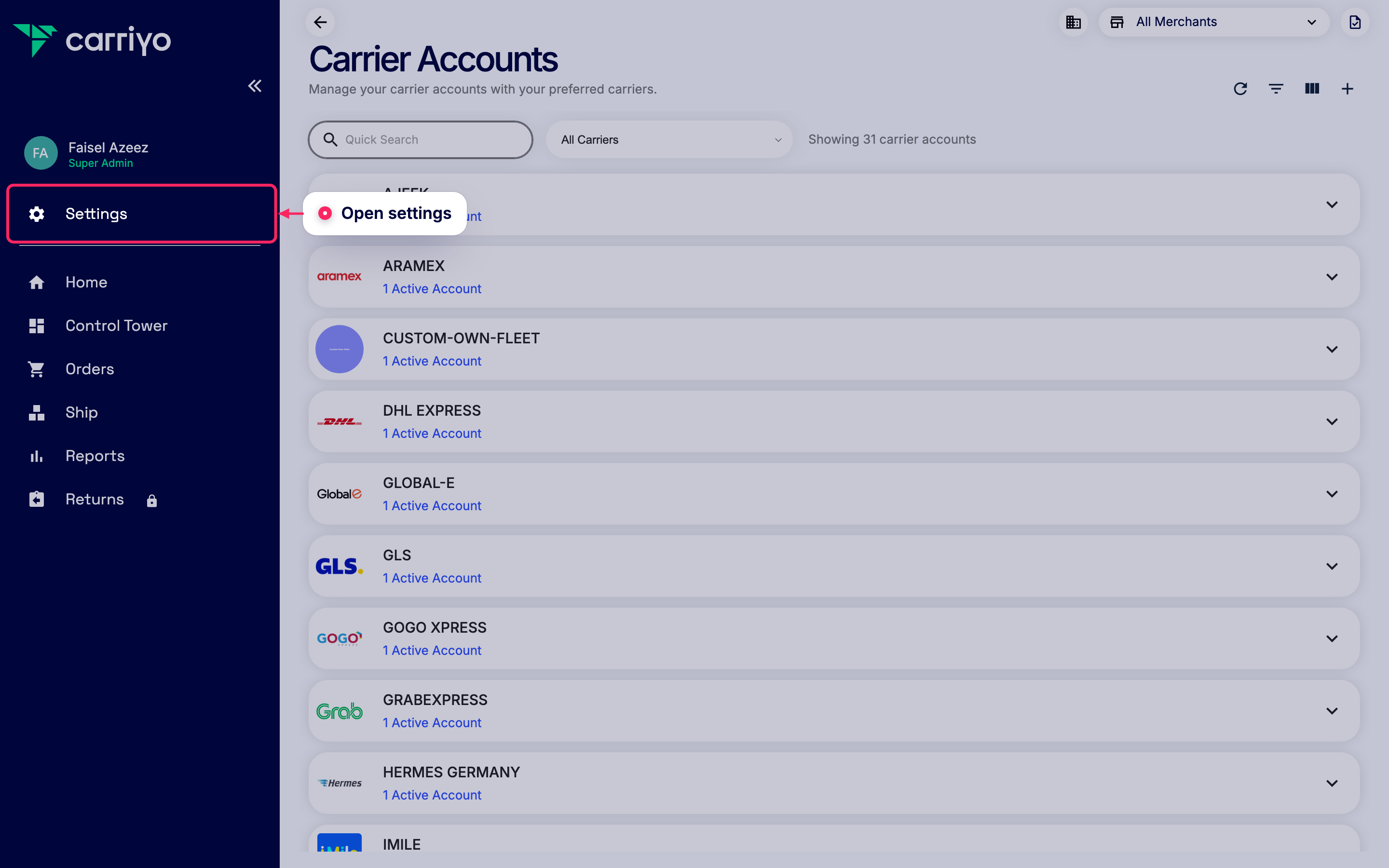 Open settings