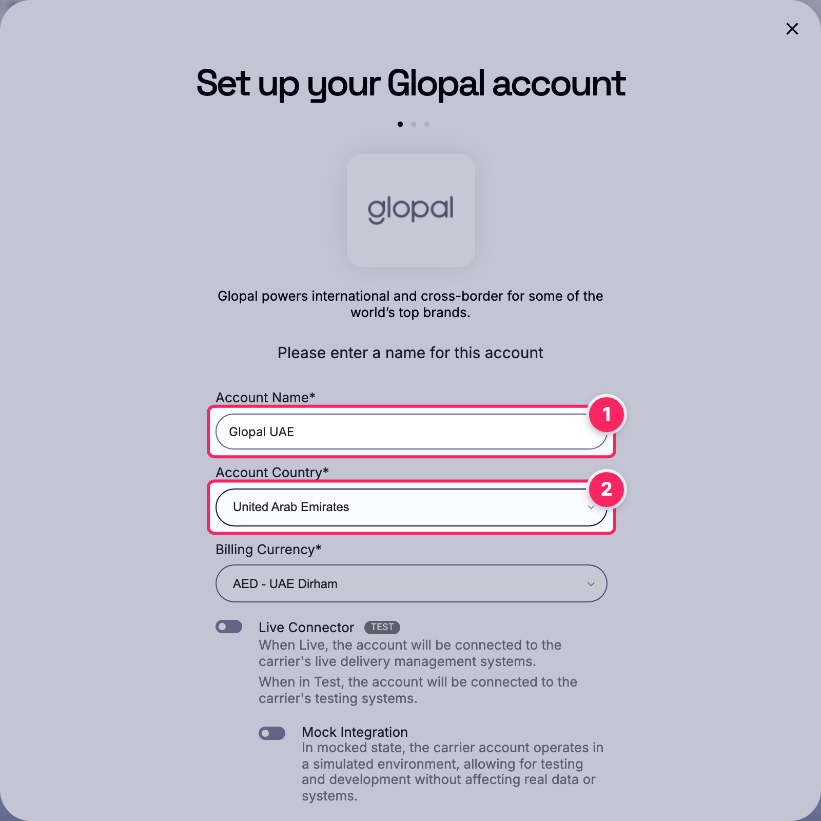 Fill in the account name and country.