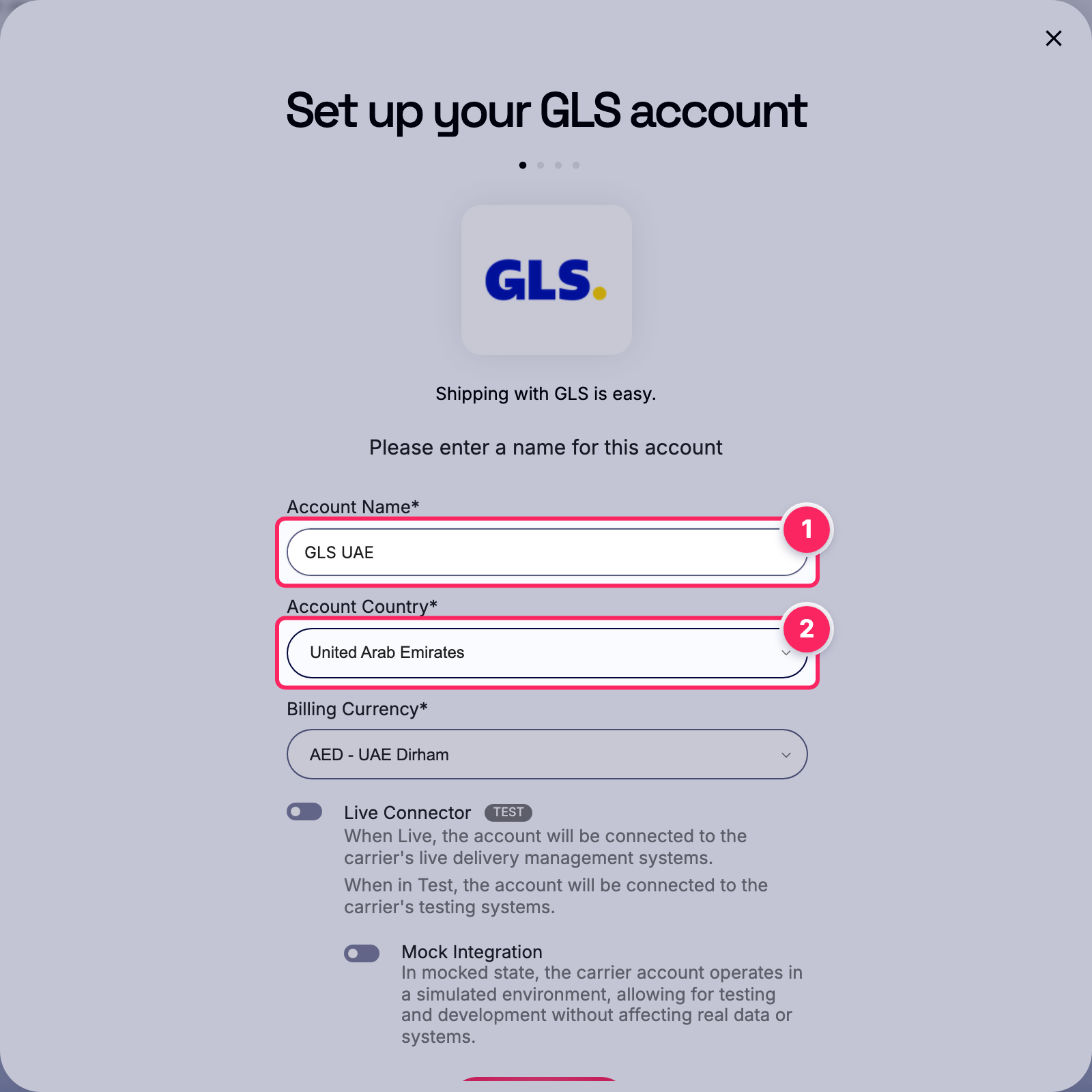 Fill in the account name and country.