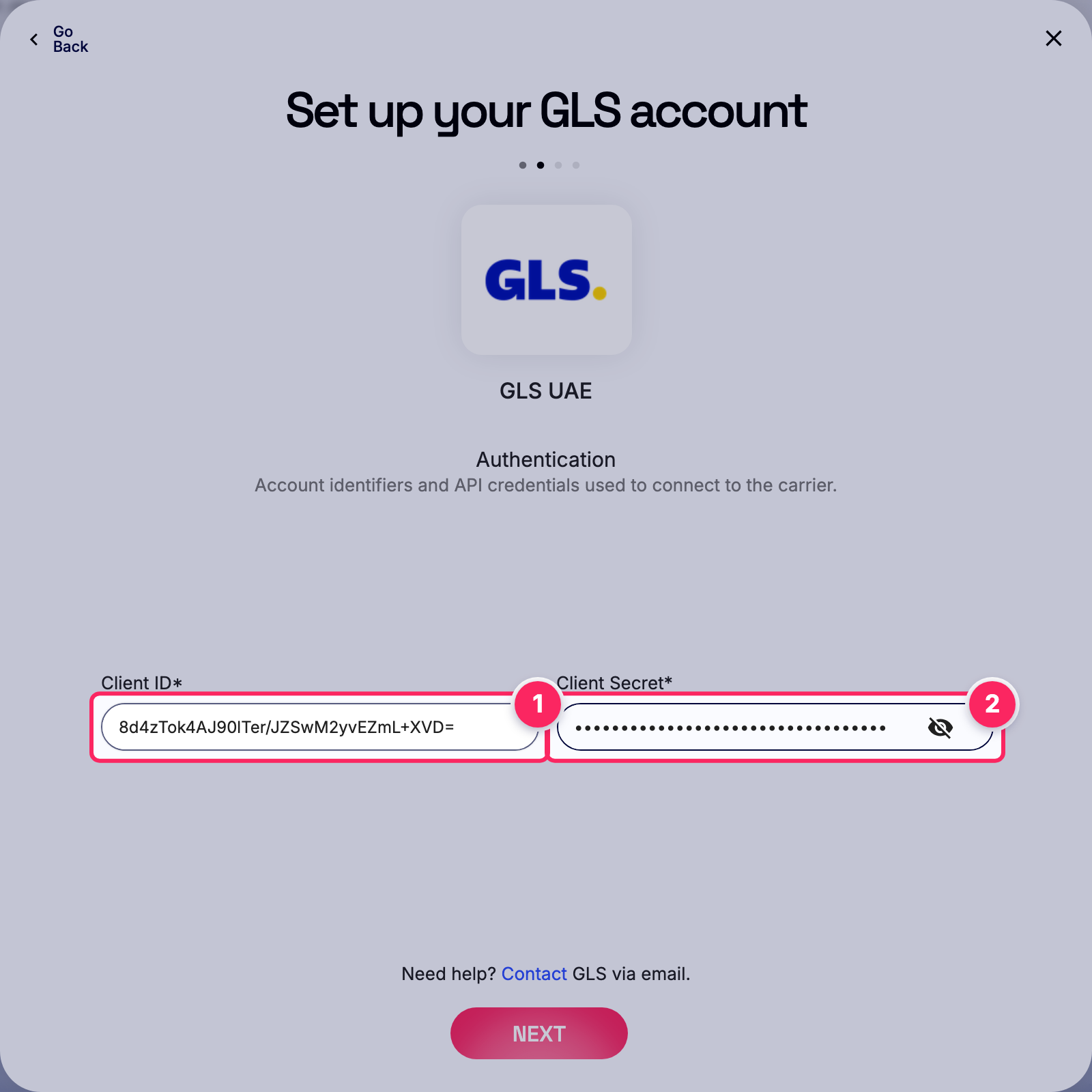 Fill in the GLS account details.