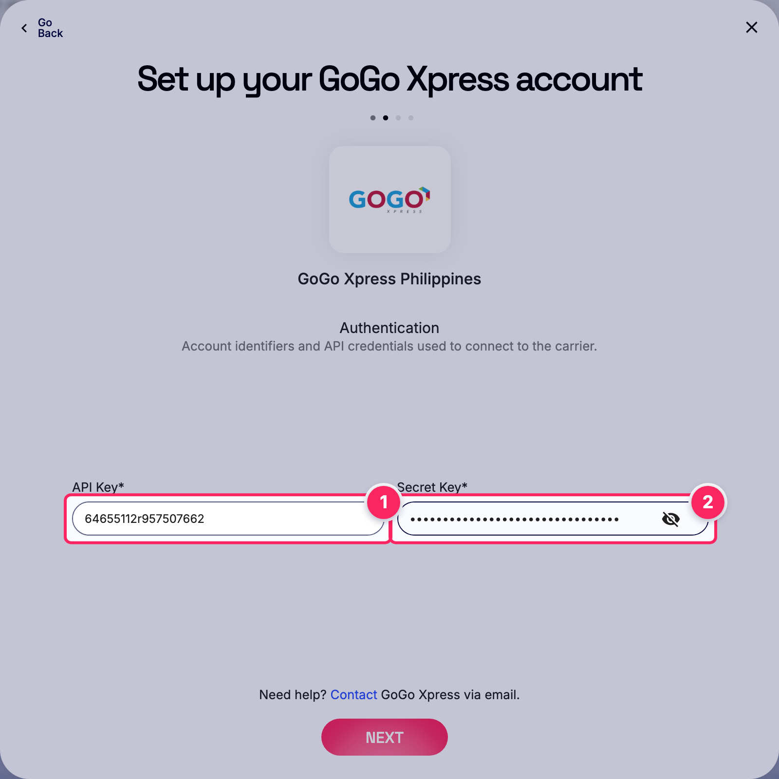 Fill in the GoGo Xpress account details.