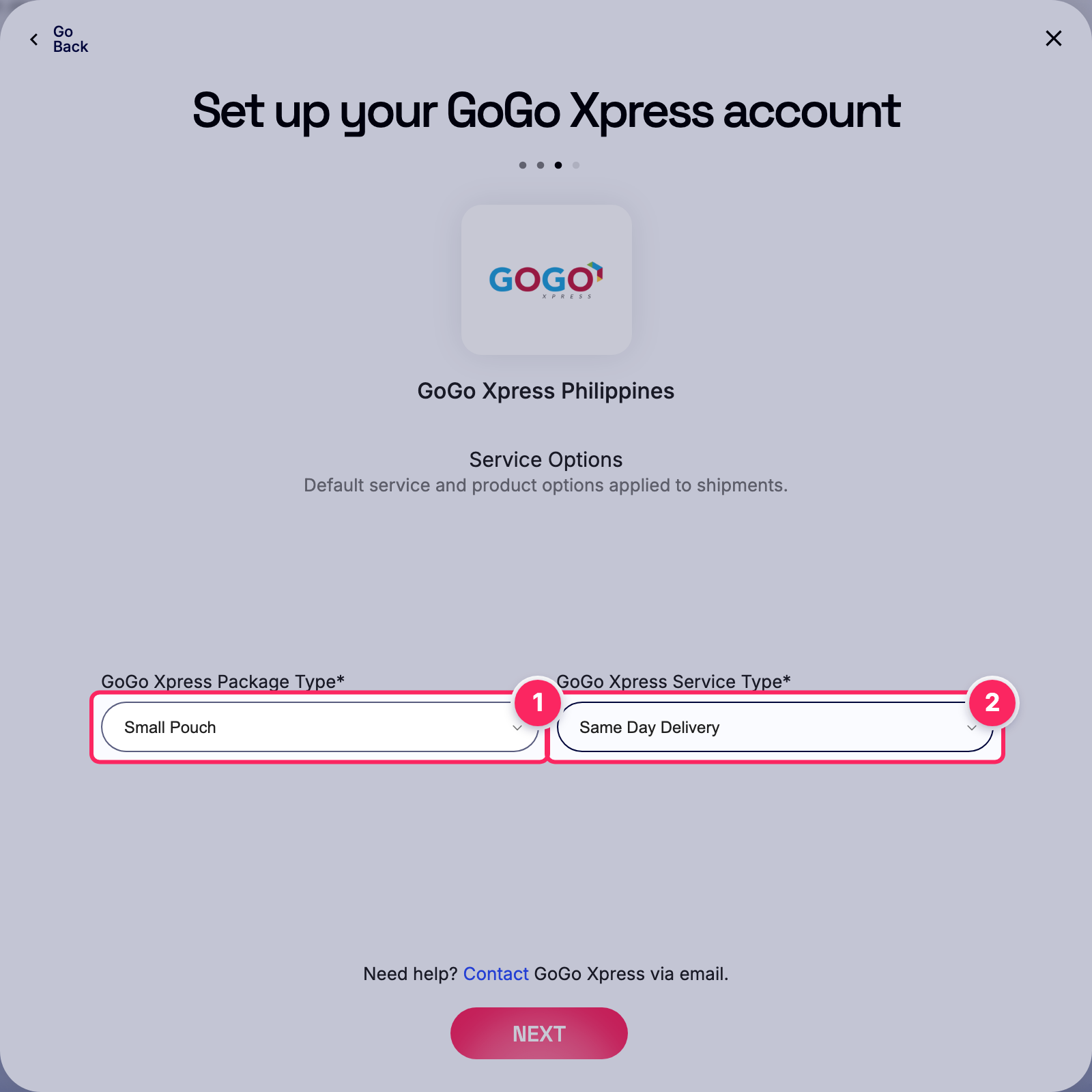 Fill in the GoGo Xpress account details.