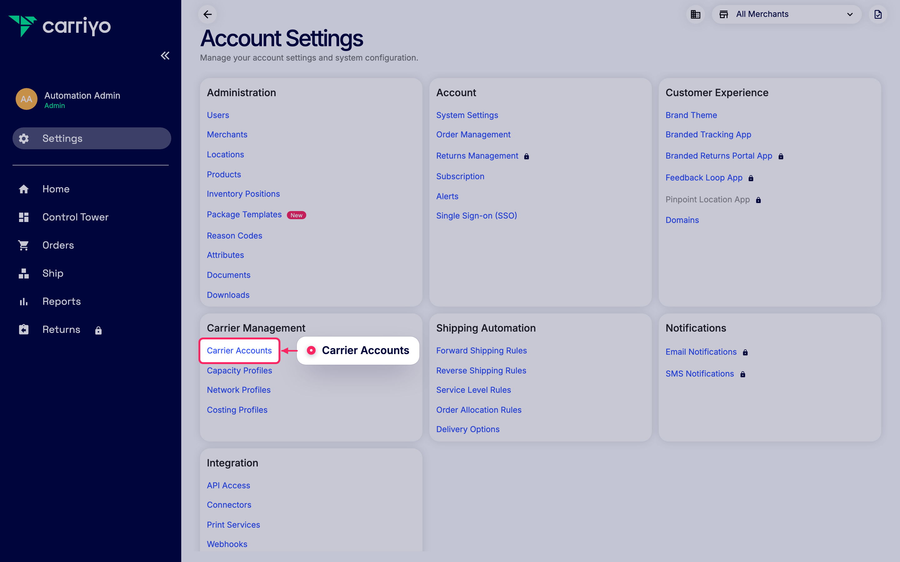 Go to Carrier Accounts