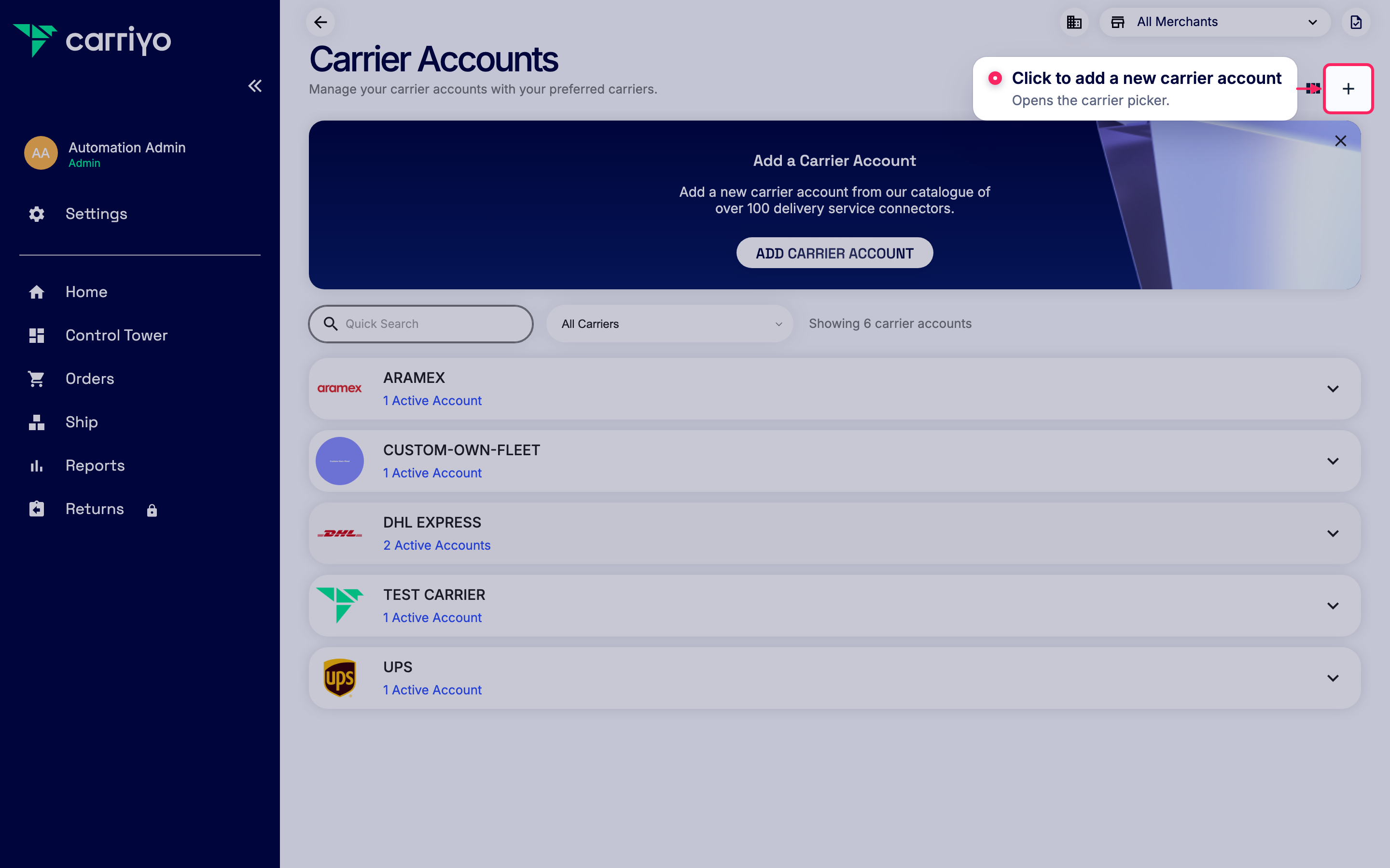 Add a new carrier account