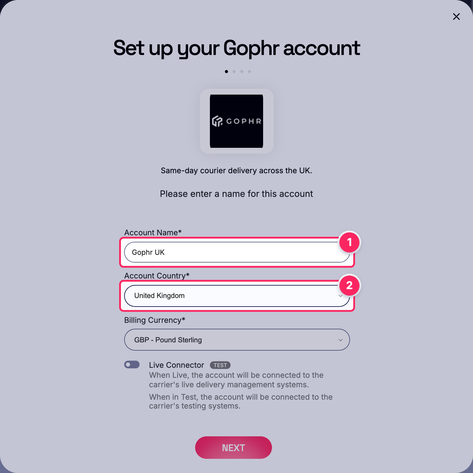 Fill in the account name and country.