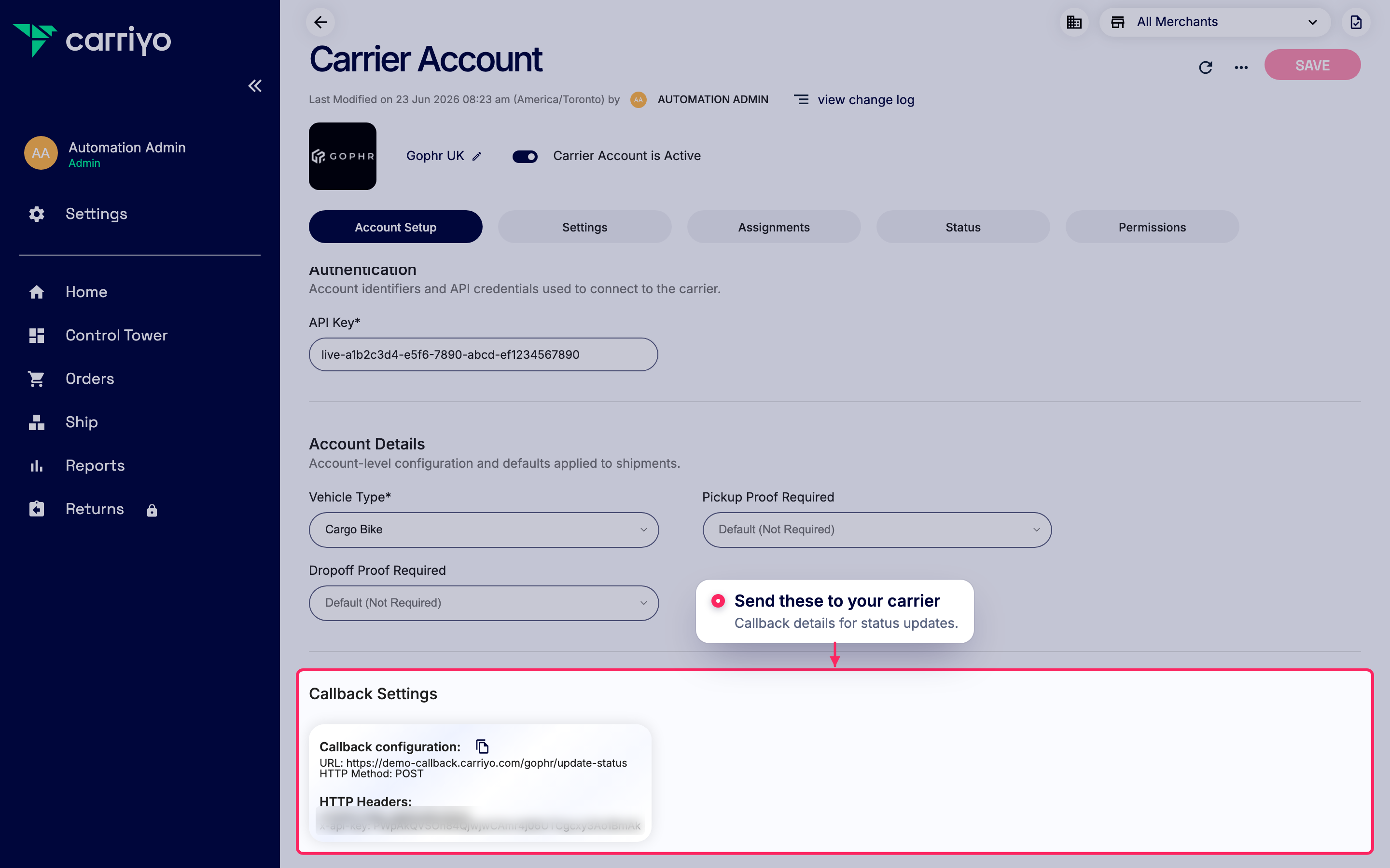 Share callback settings with your carrier