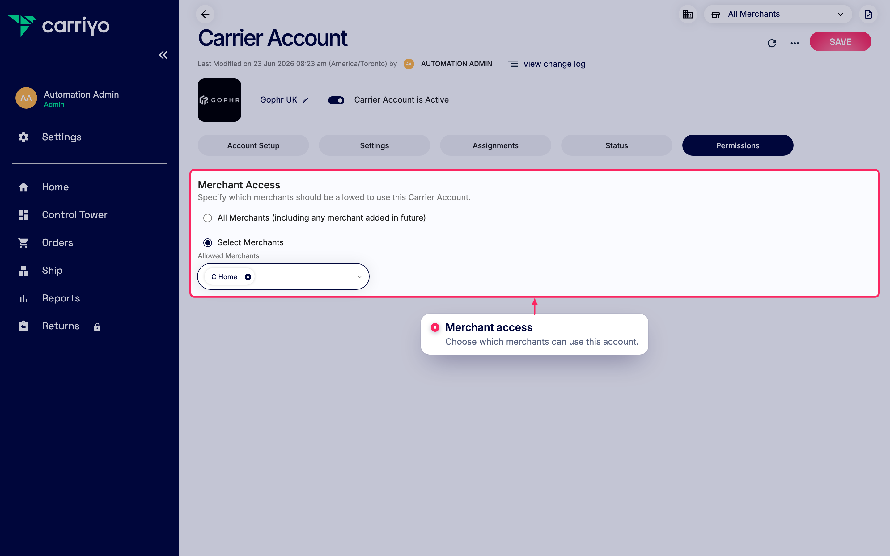 Add merchants to this carrier account