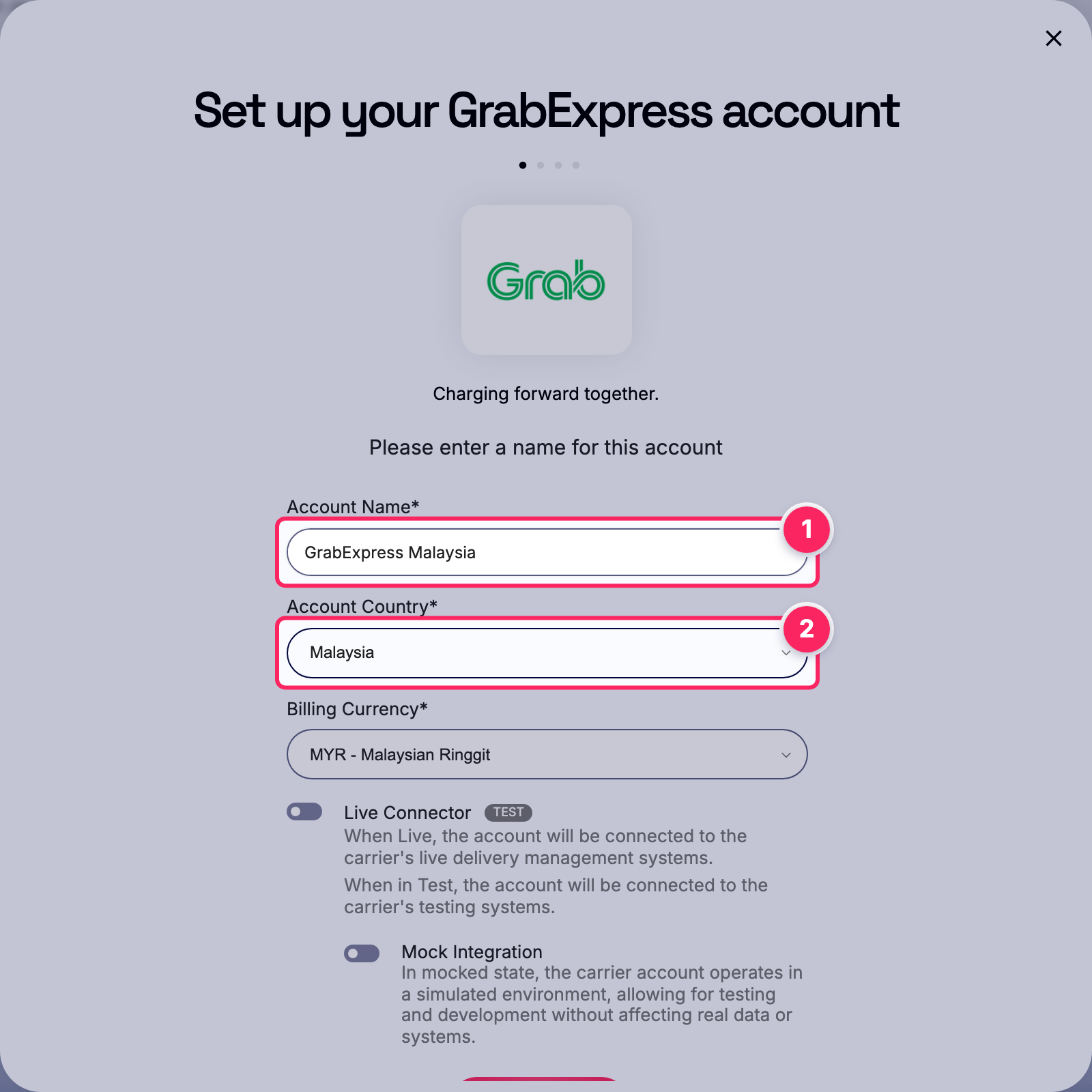 Fill in the account name and country.
