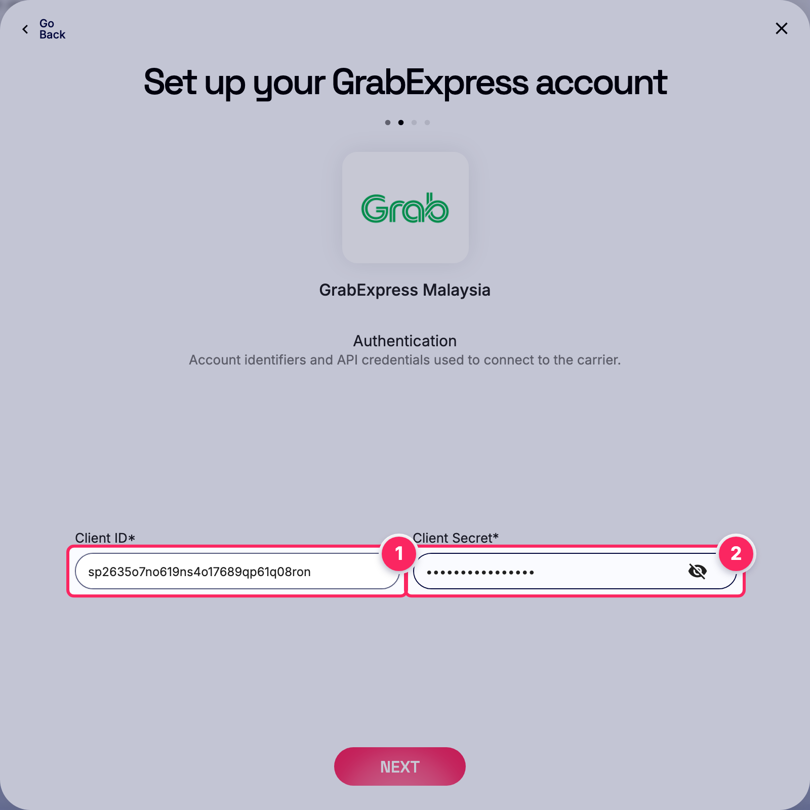 Fill in the GrabExpress account details.