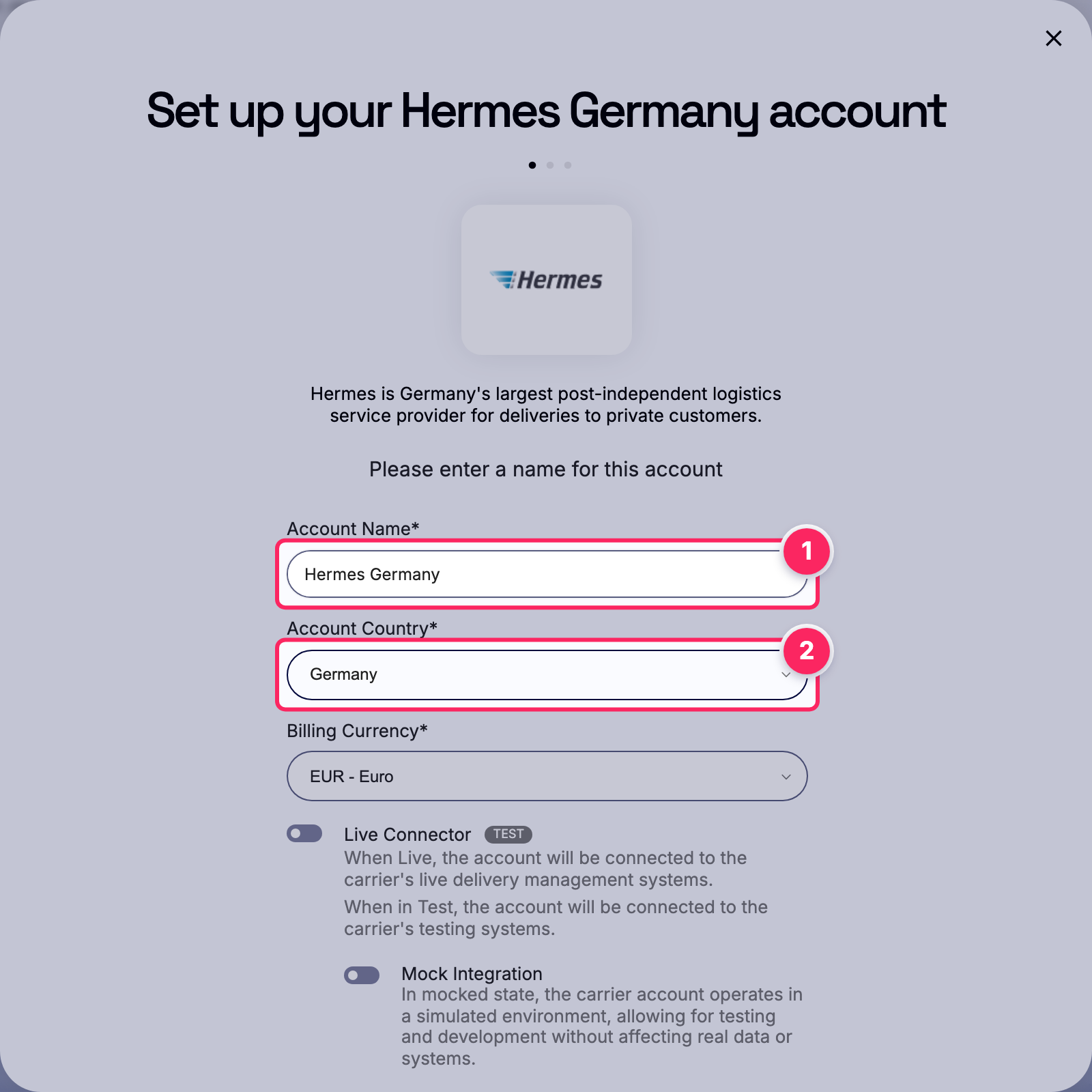 Fill in the account name and country.