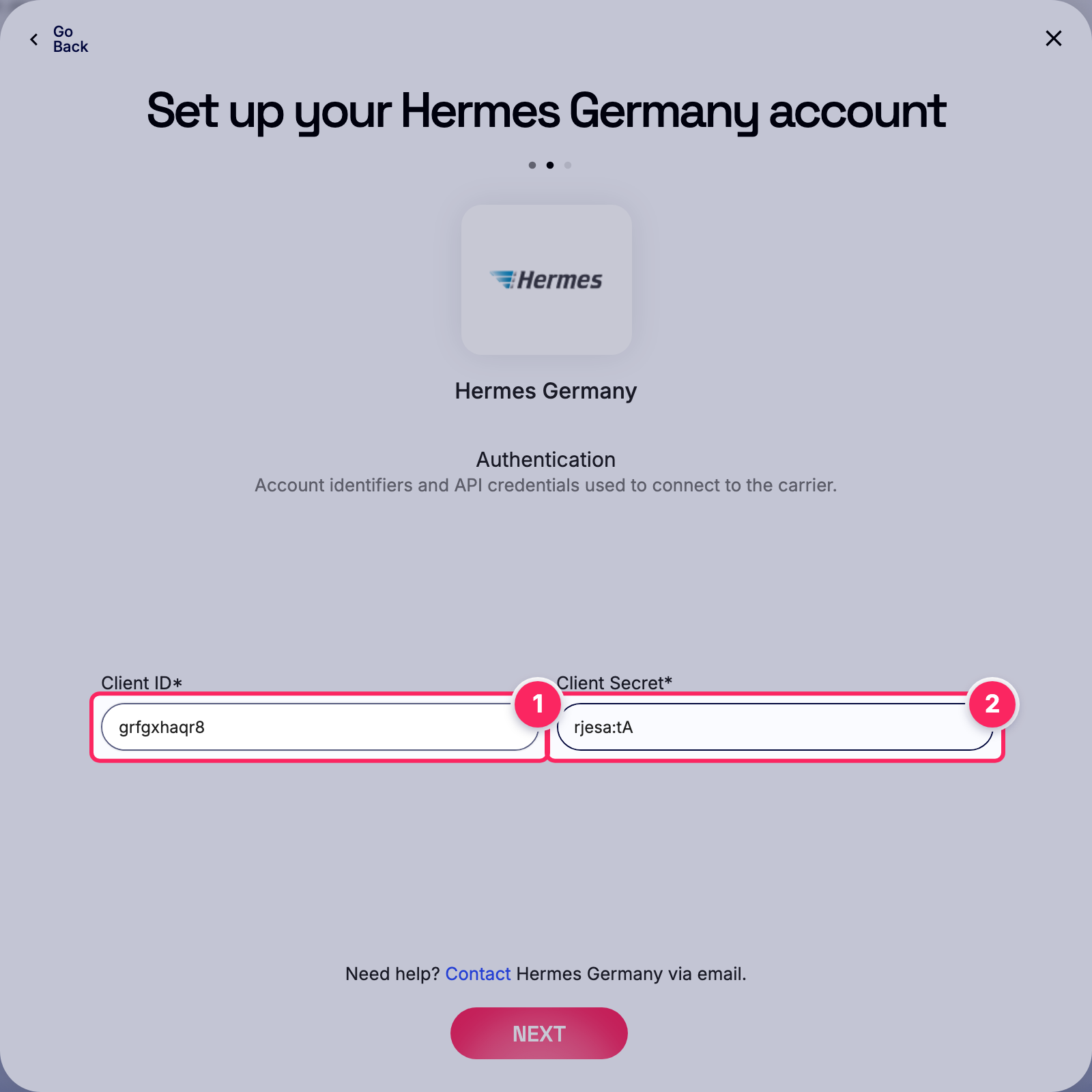 Fill in the Hermes Germany account details.