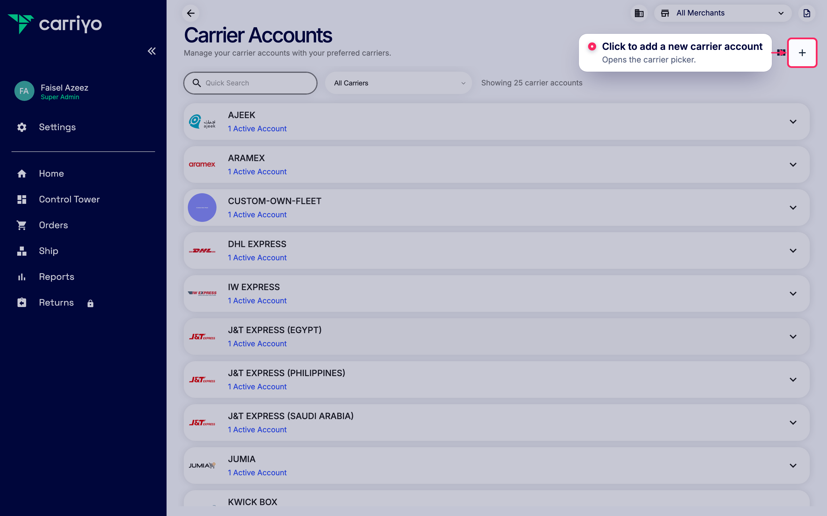 Add a new carrier account