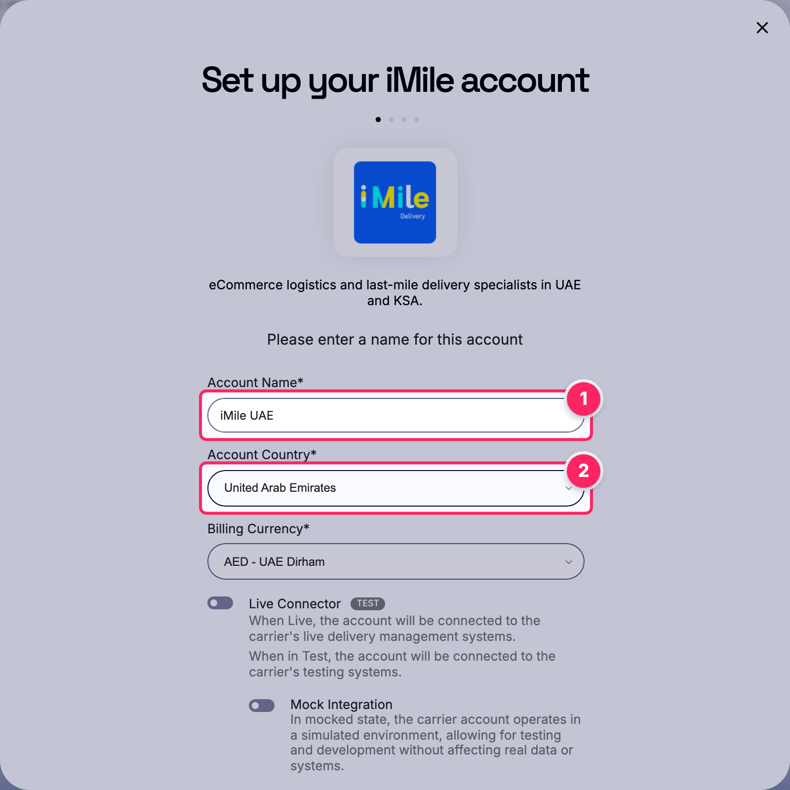 Fill in the account name and country.