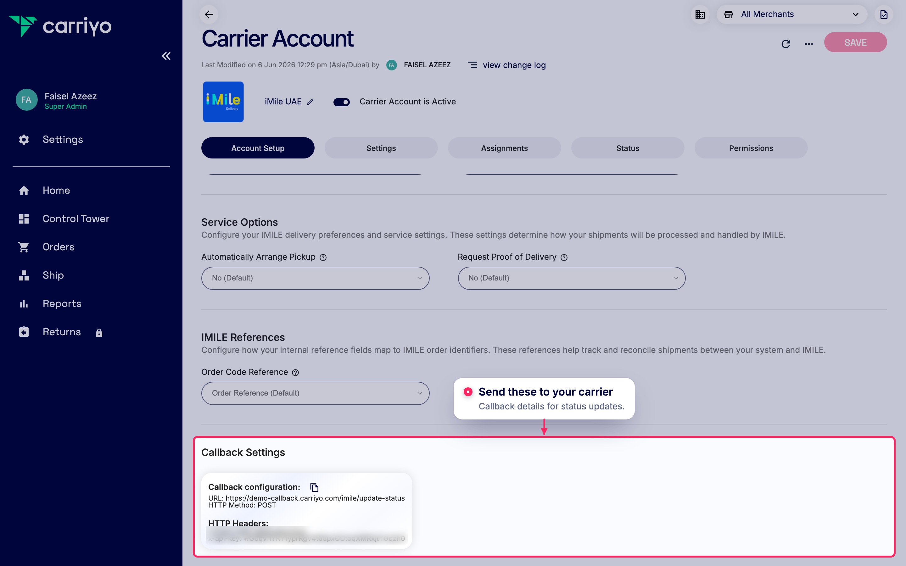 Share callback settings with your carrier