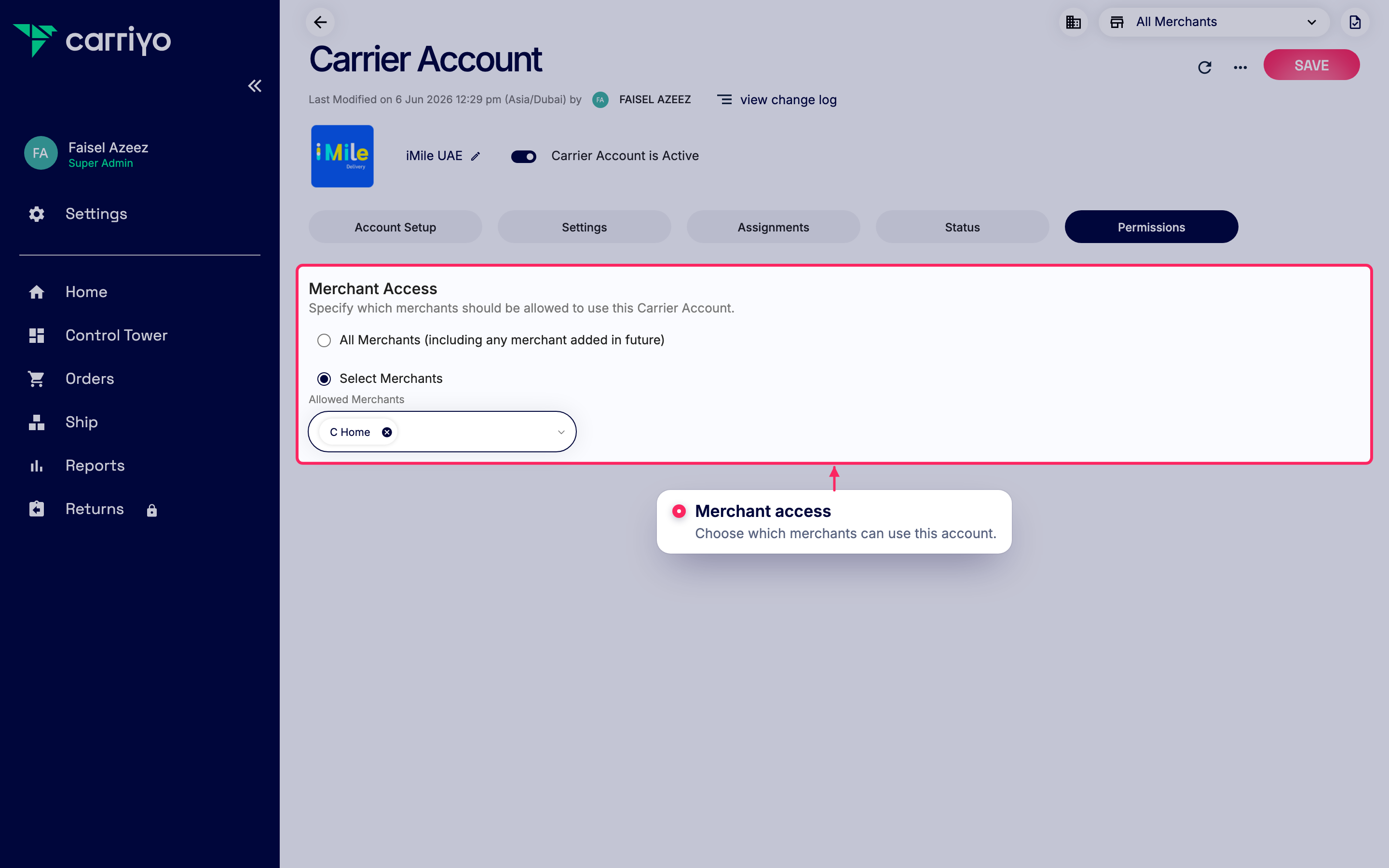 Add merchants to this carrier account