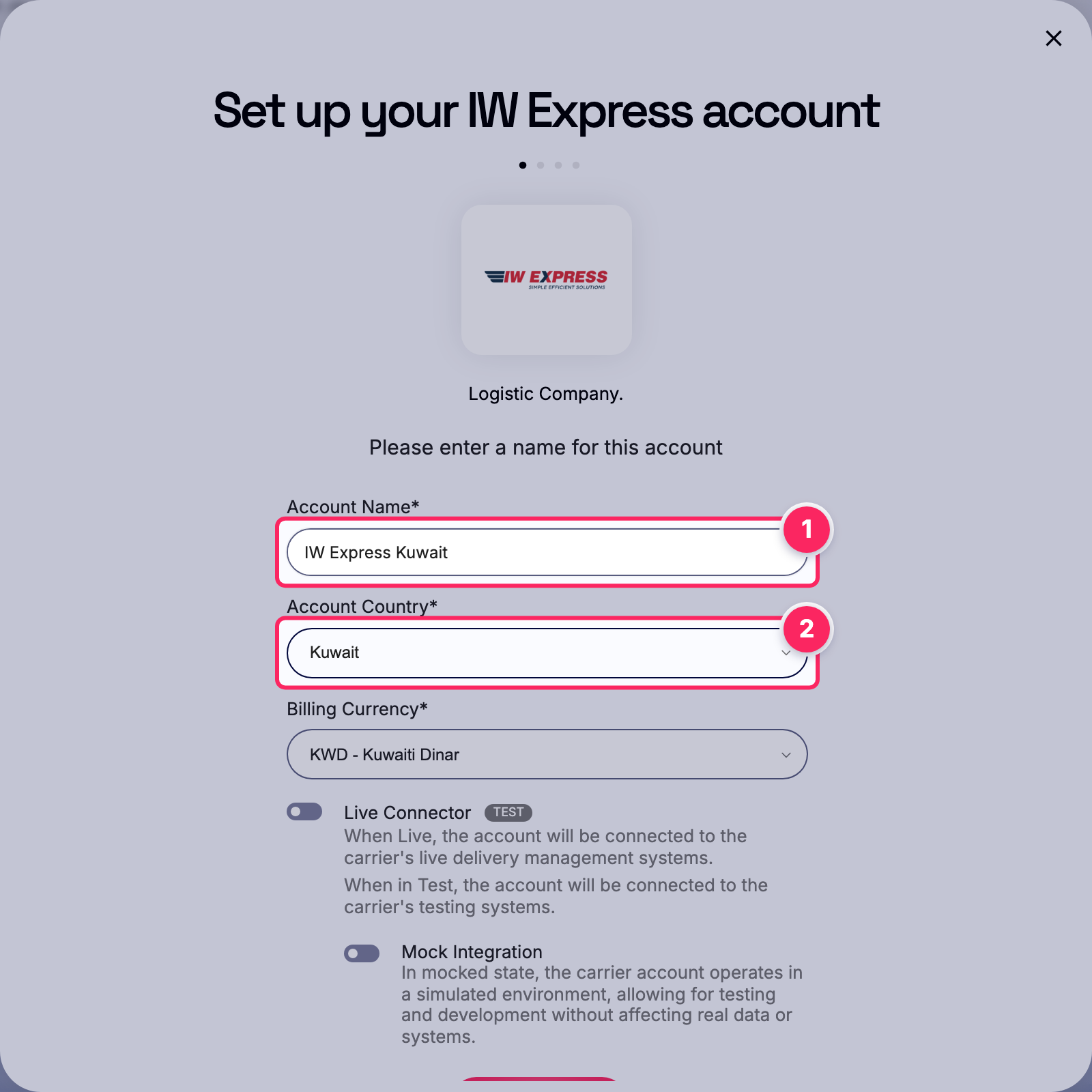 Fill in the account name and country.