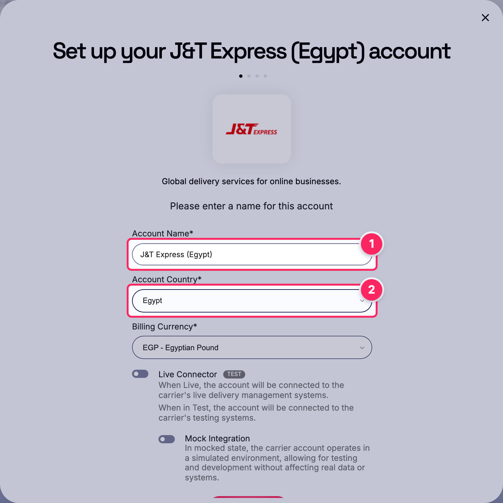 Fill in the account name and country.