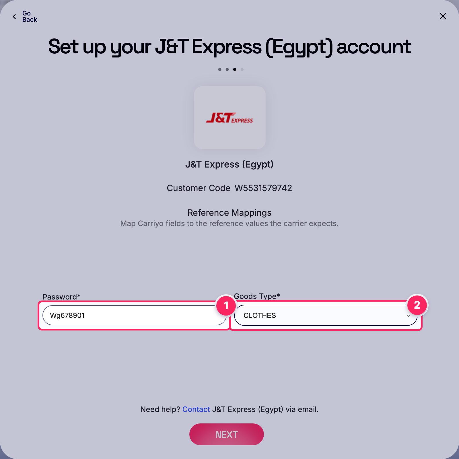 Fill in the J&T Express (Egypt) account details.