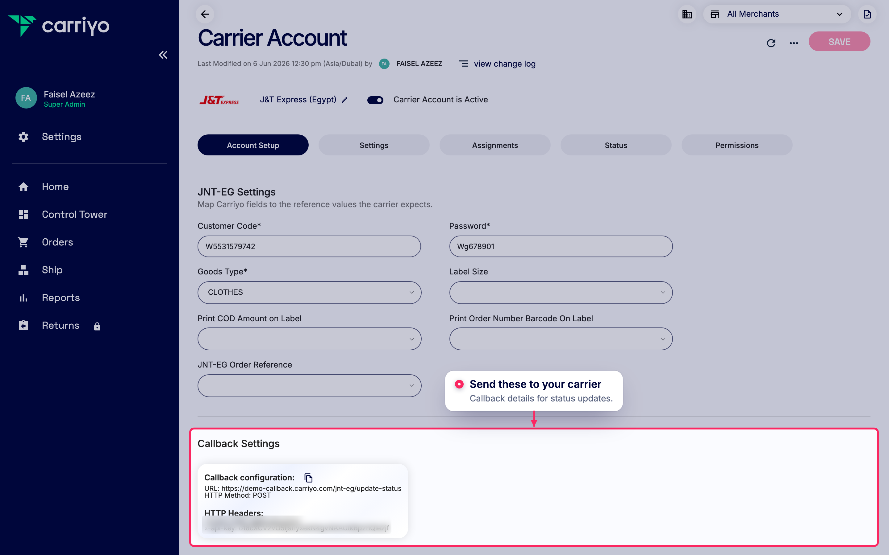 Share callback settings with your carrier