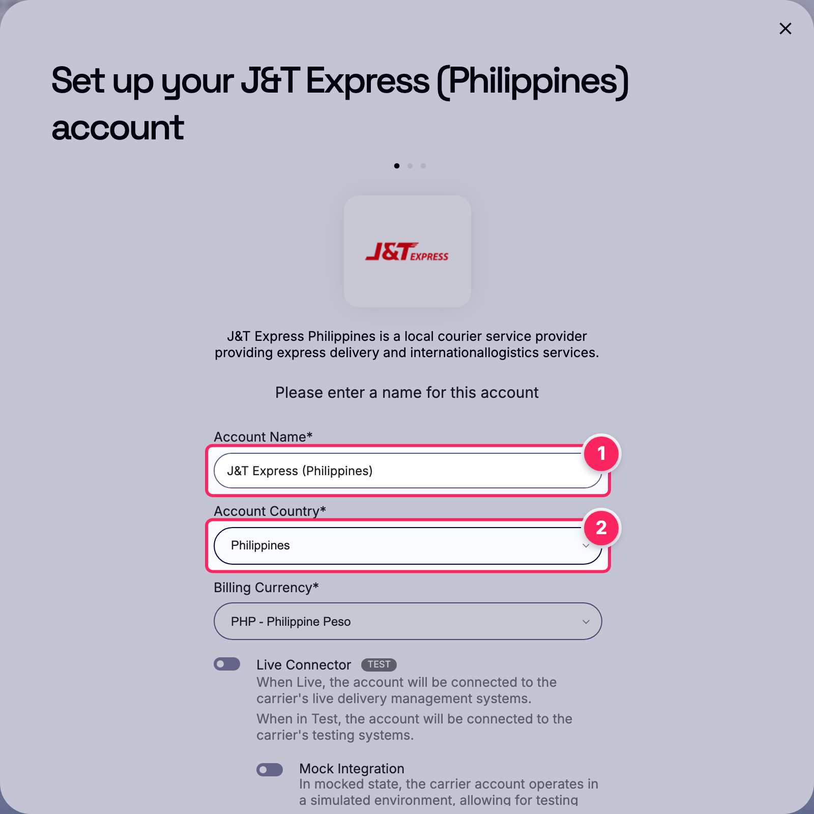 Fill in the account name and country.