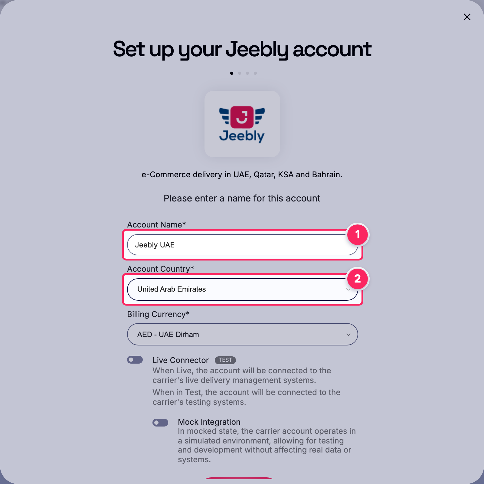 Fill in the account name and country.