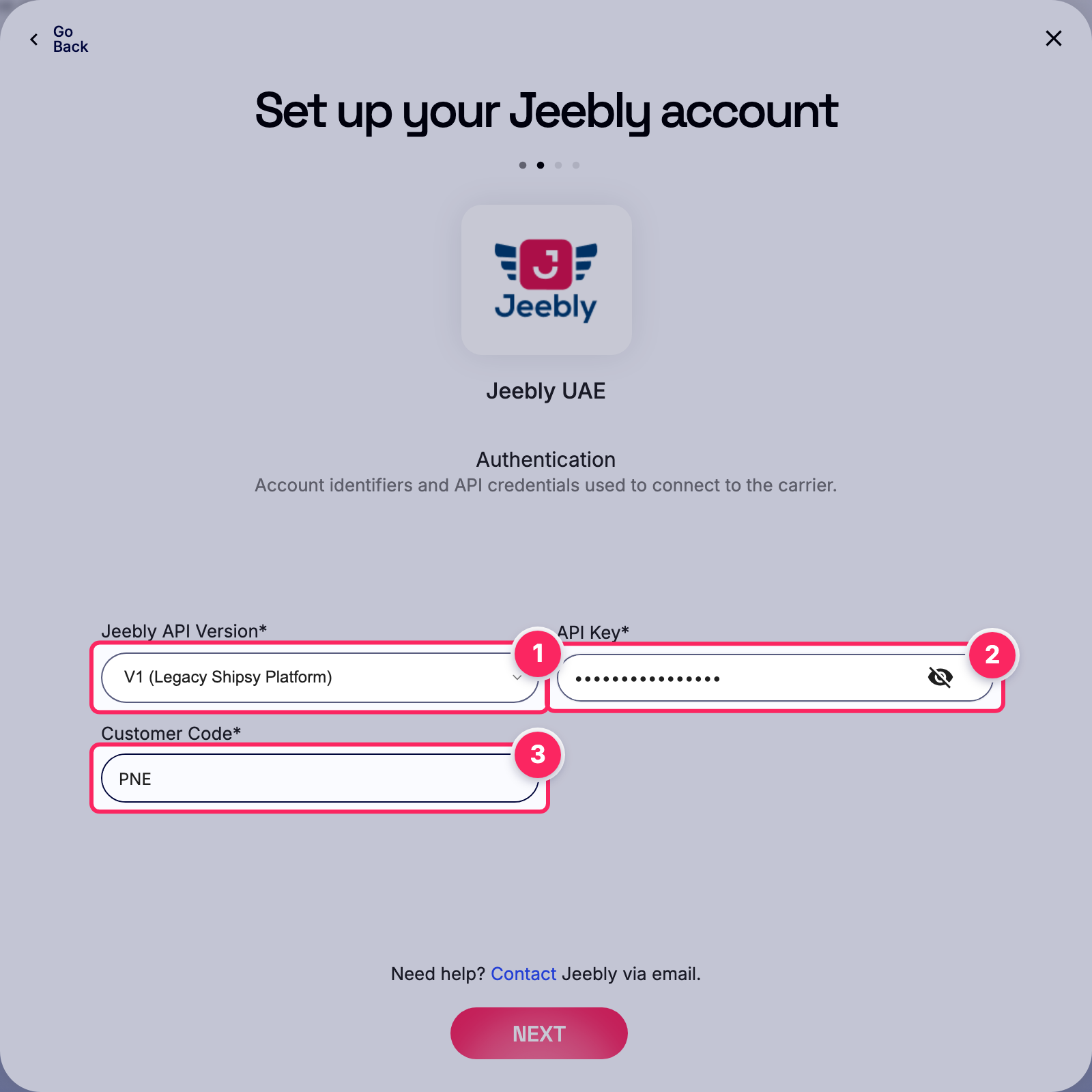 Fill in the Jeebly account details.