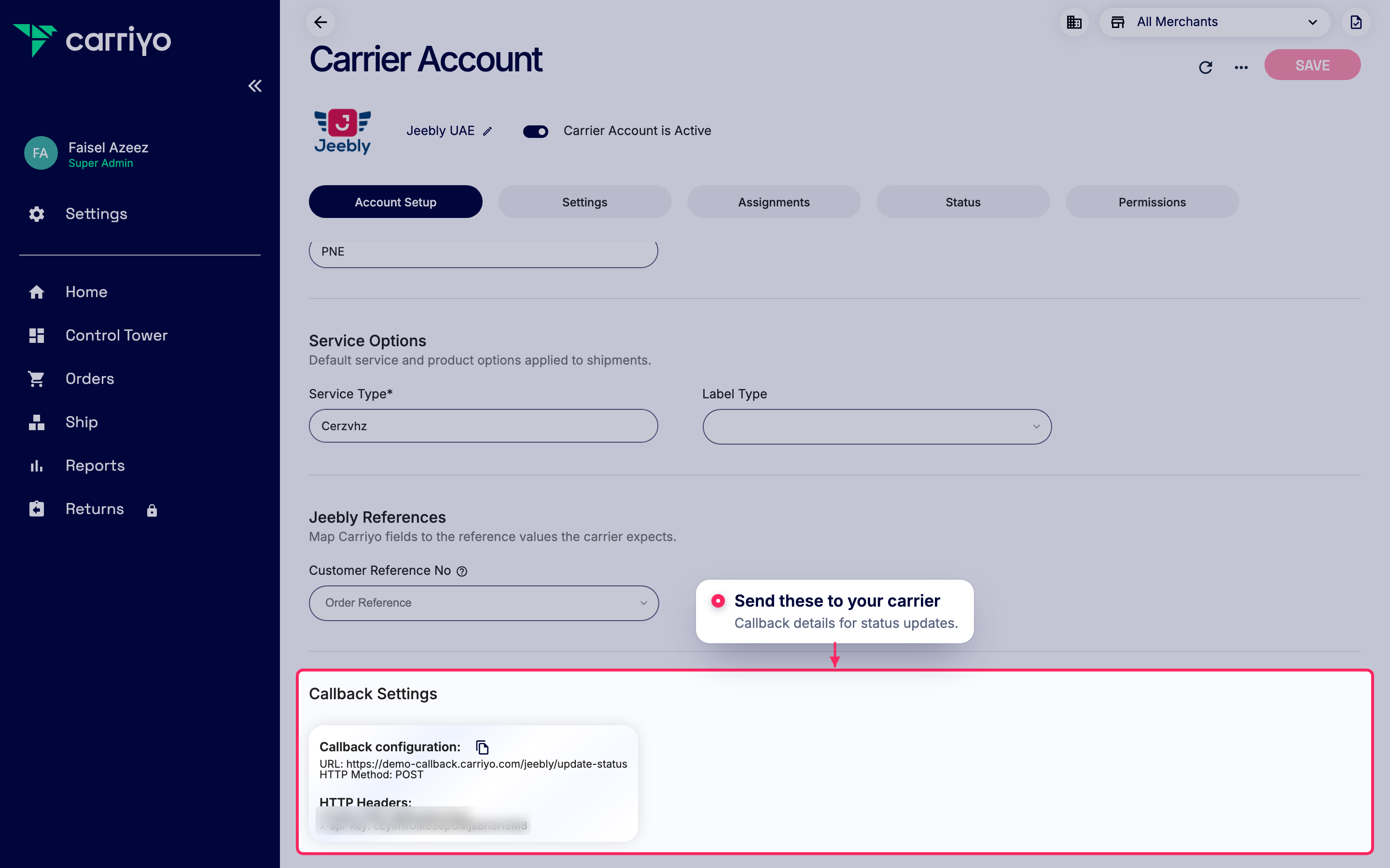Share callback settings with your carrier