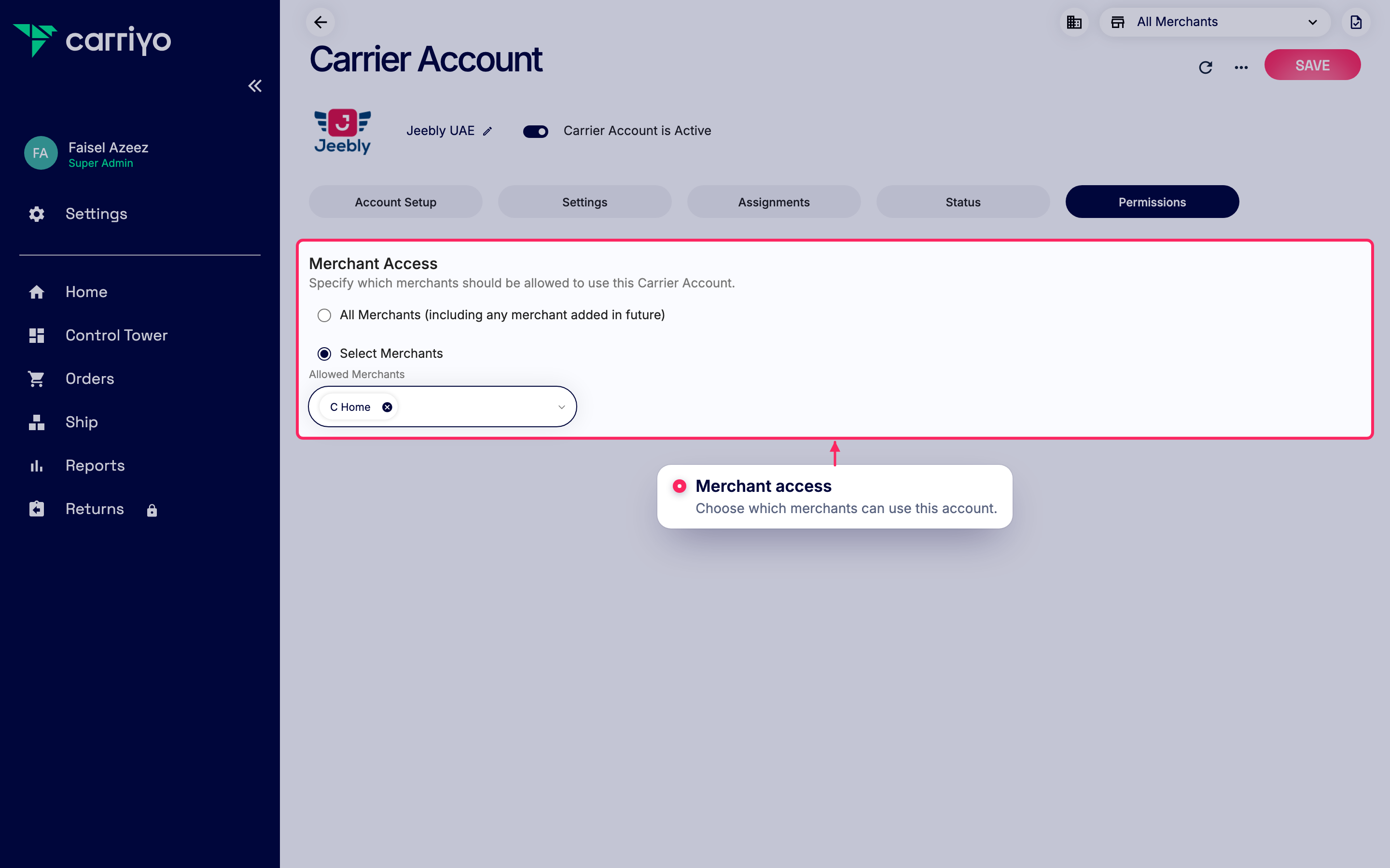 Add merchants to this carrier account