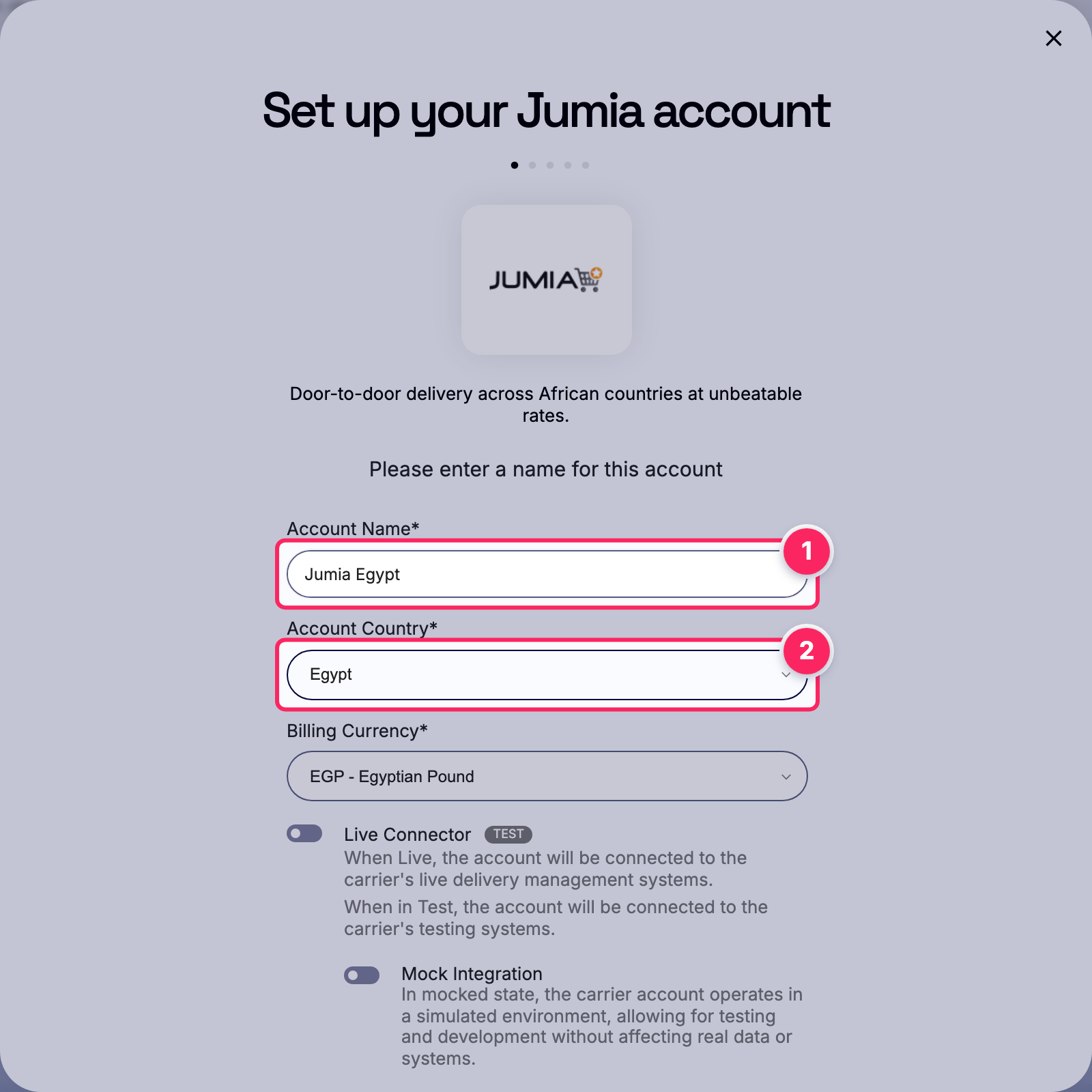 Fill in the account name and country.