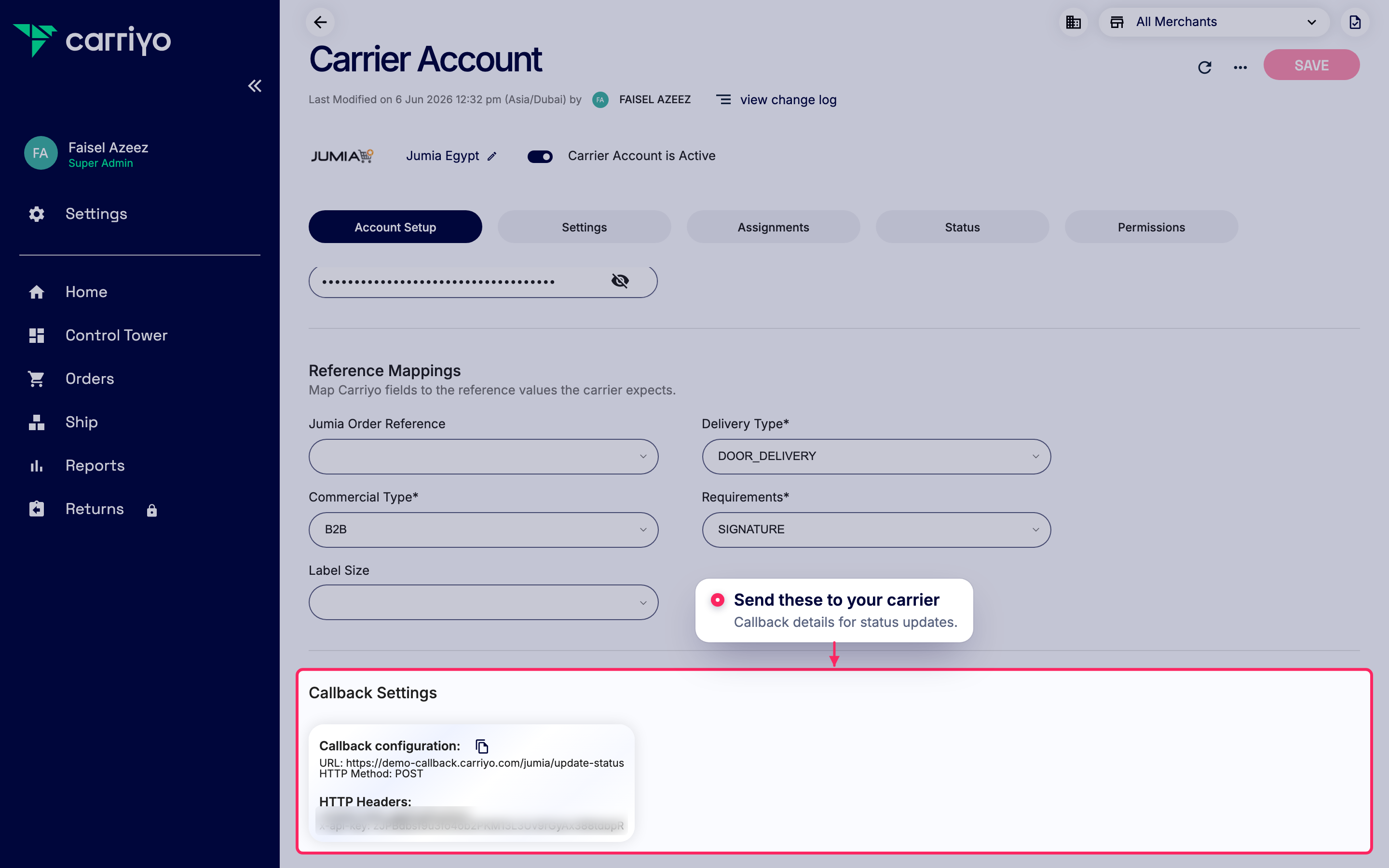 Share callback settings with your carrier