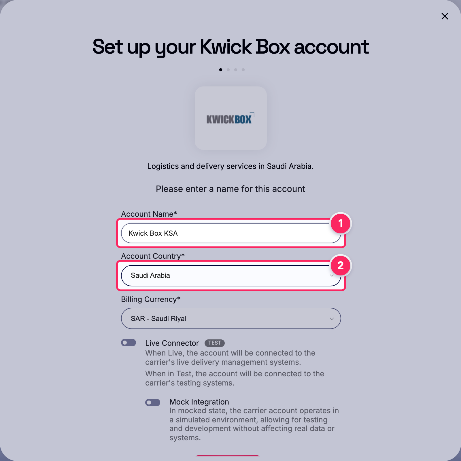 Fill in the account name and country.