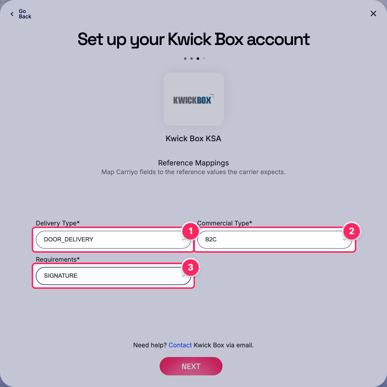 Fill in the Kwick Box account details.