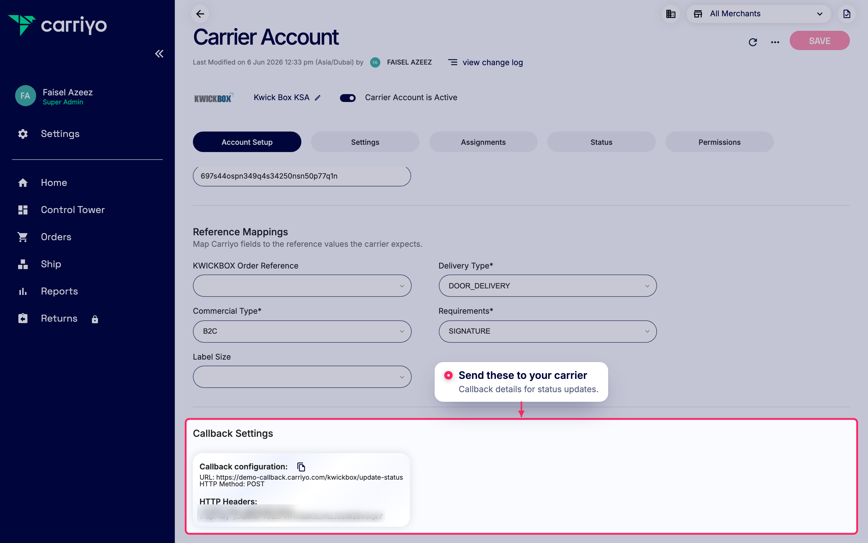Share callback settings with your carrier