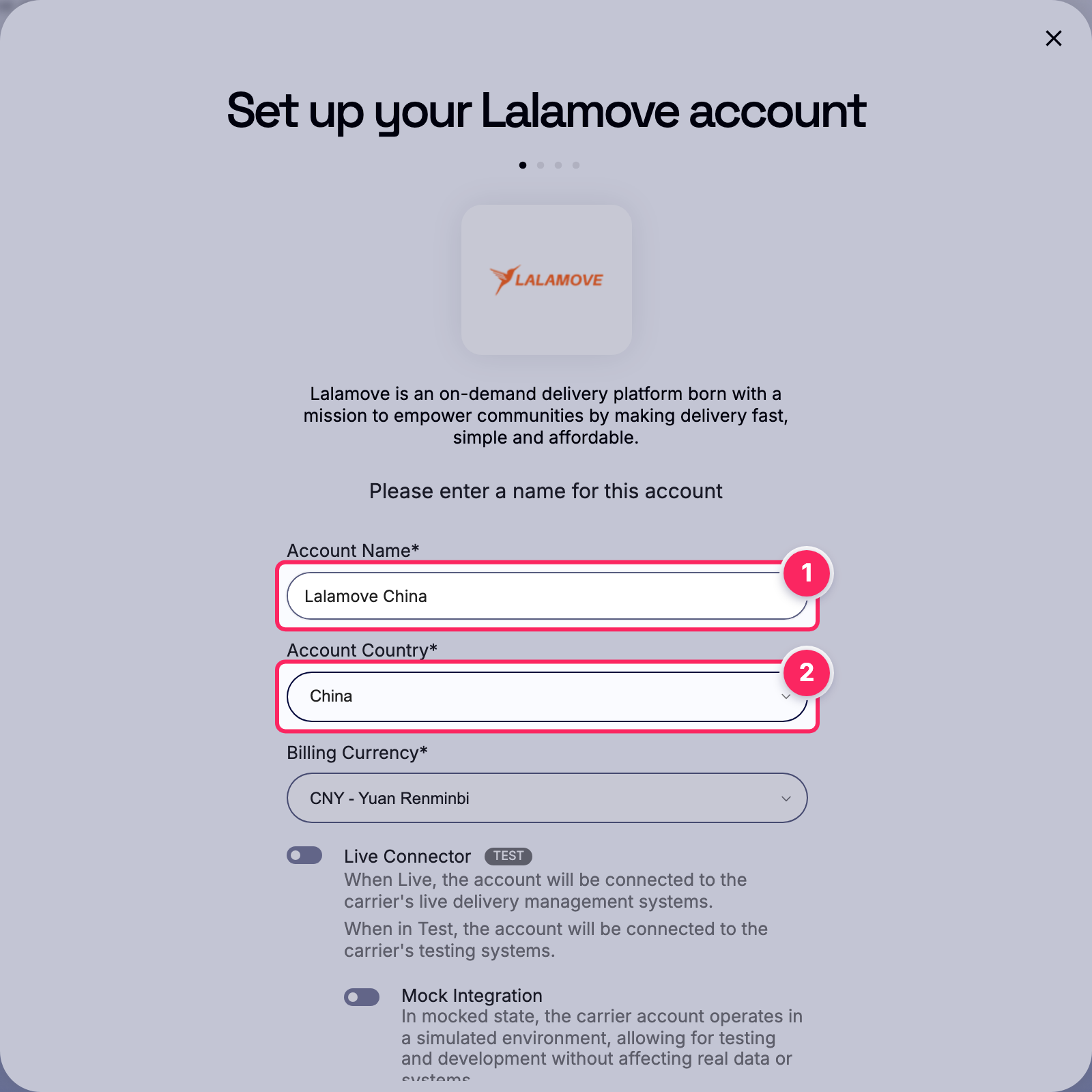 Fill in the account name and country.