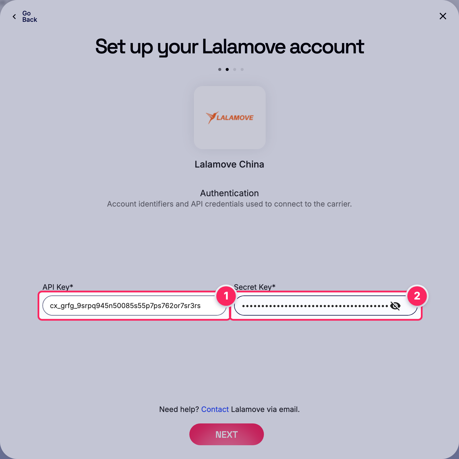 Fill in the Lalamove account details.