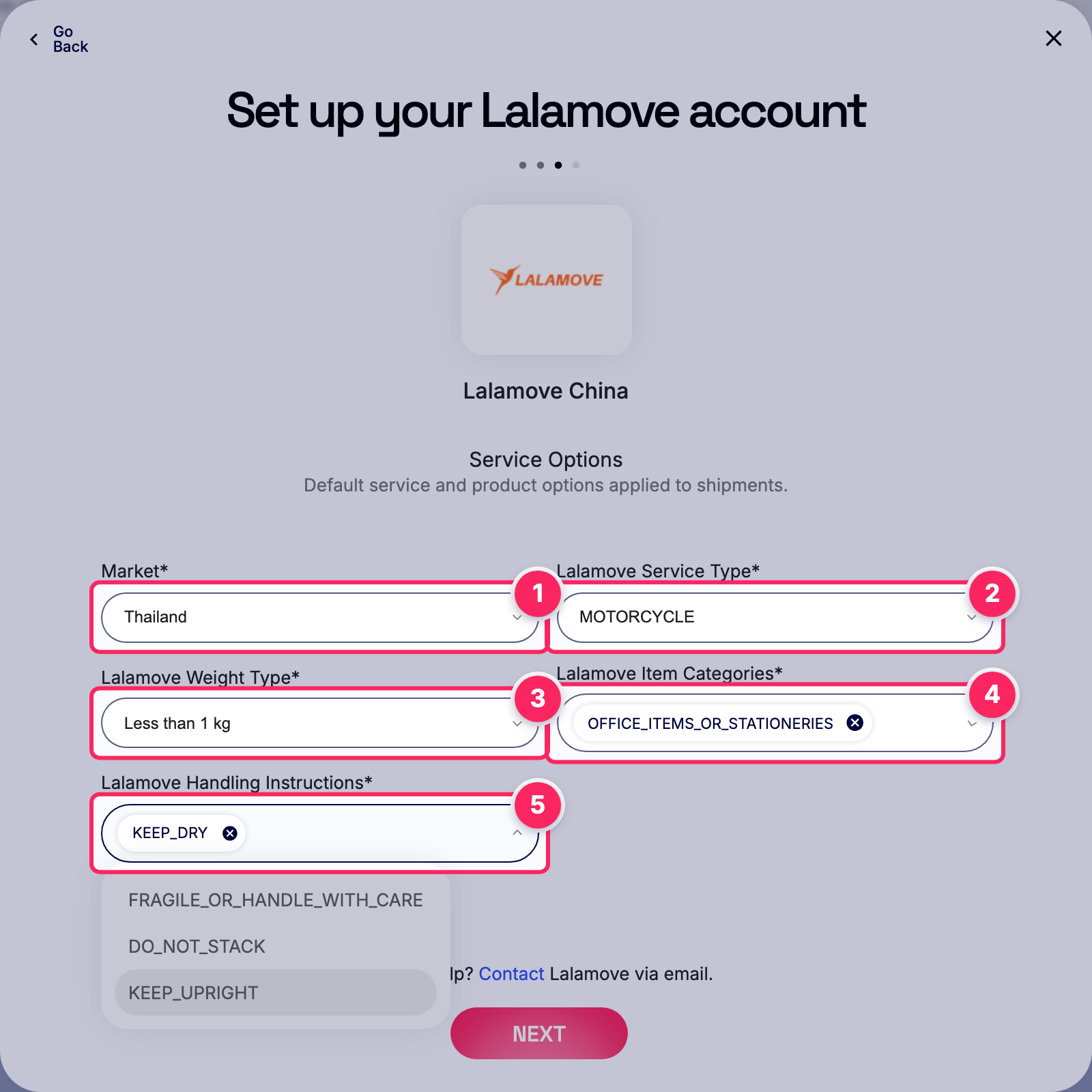 Fill in the Lalamove account details.