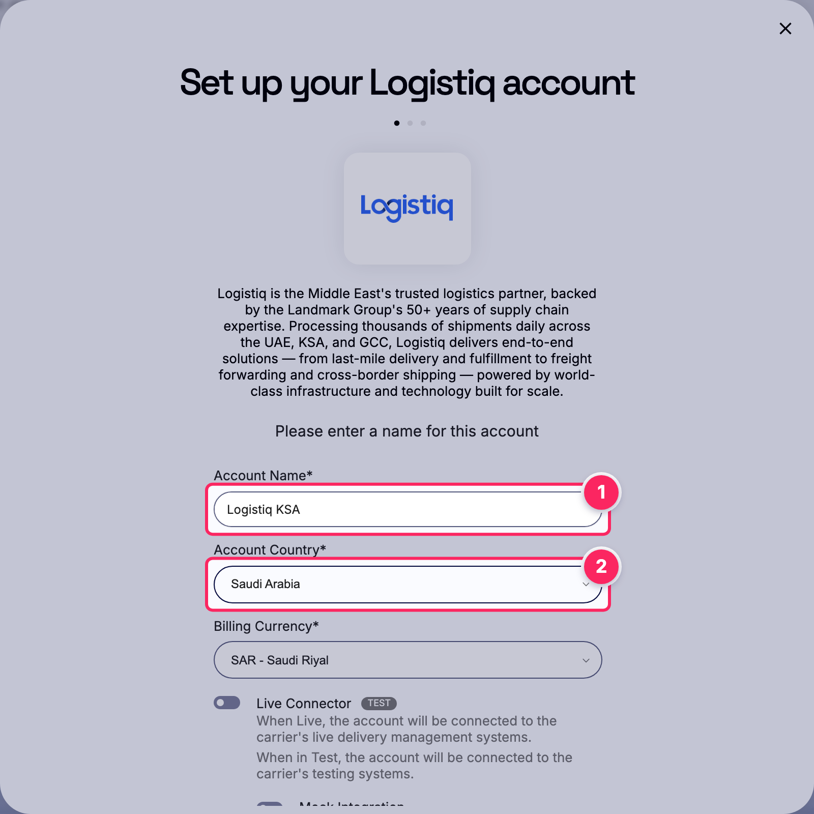 Fill in the account name and country.